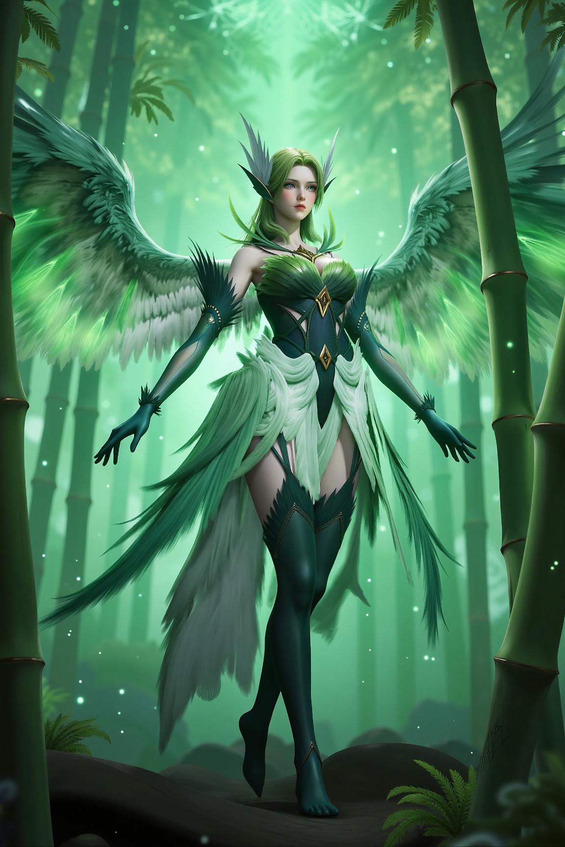 
4K,masterpiece,best quality,very aesthetic,lvjing,biji,
green hair,long hair,green eyes,wings,feathered wings,bare shoulders,dress,gloves,green dress,elbow gloves,green thighhighs,thighhighs,barefoot,1girl,solo,nature,bamboo,tree,