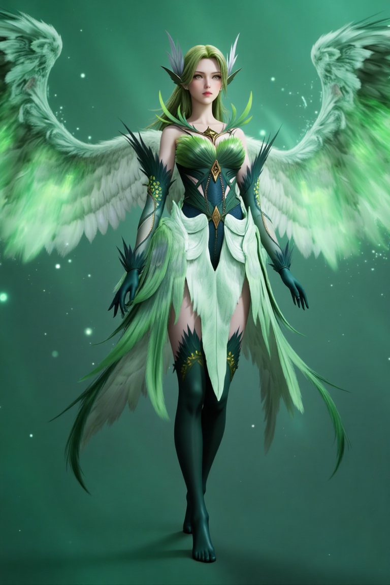 
4K,masterpiece,best quality,very aesthetic,lvjing,biji,
green hair,long hair,green eyes,wings,feathered wings,bare shoulders,dress,gloves,green dress,elbow gloves,green thighhighs,thighhighs,barefoot,1girl,solo