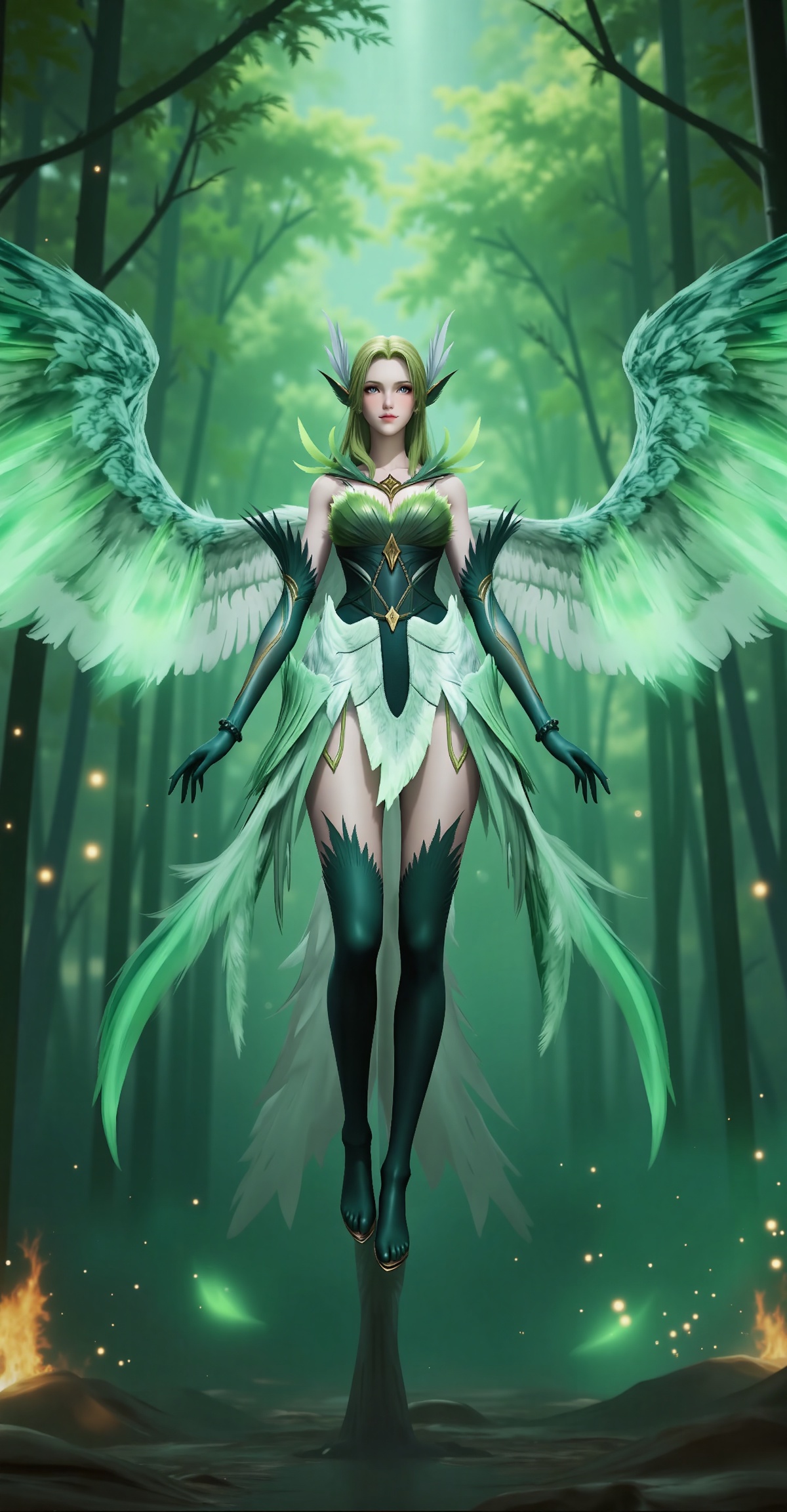 
4K,masterpiece,best quality,very aesthetic,lvjing,biji,
green hair,long hair,green eyes,wings,feathered wings,bare shoulders,dress,gloves,green dress,elbow gloves,green thighhighs,thighhighs,barefoot,1girl,solo,nature,bamboo,tree,full body,
