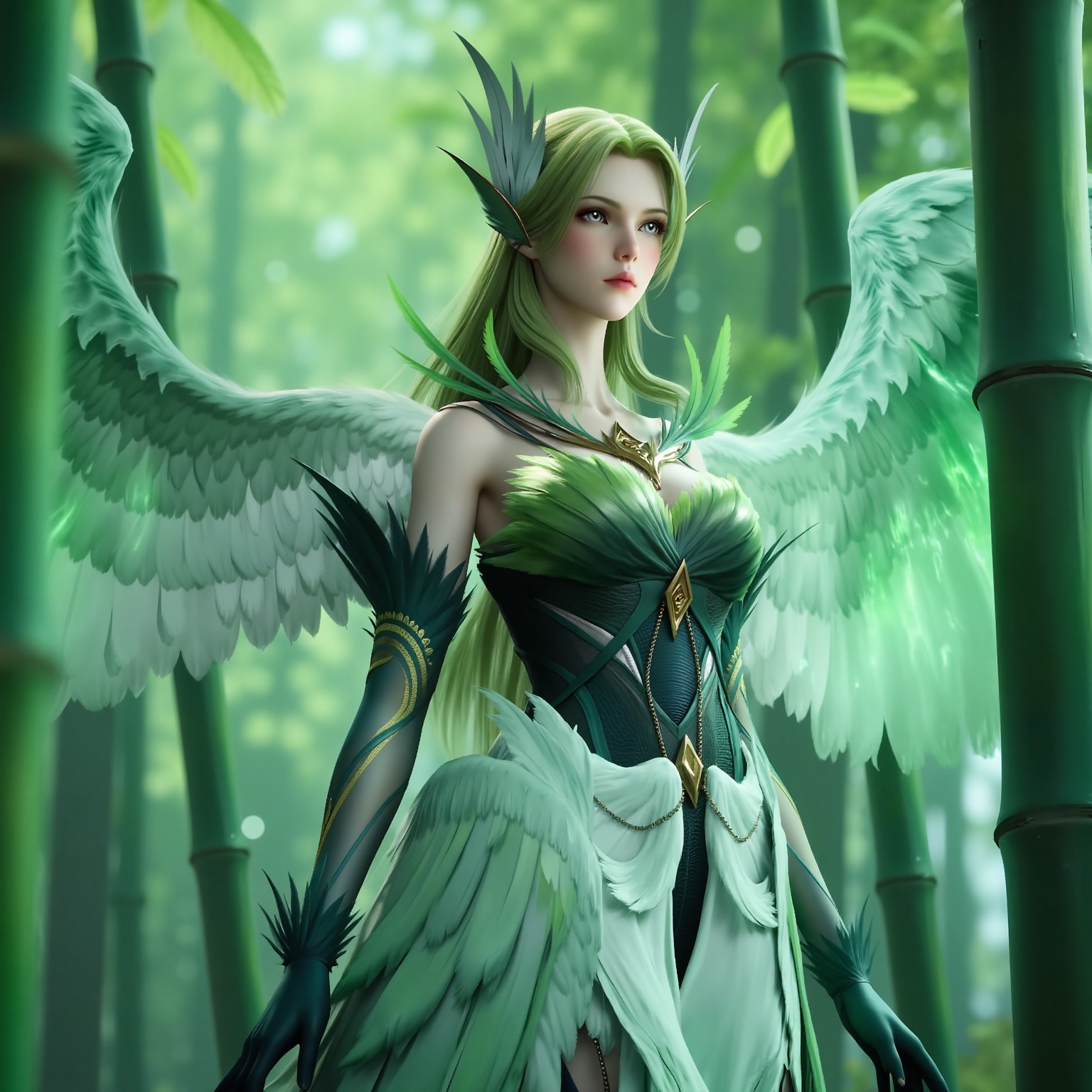 
4K,masterpiece,best quality,very aesthetic,lvjing,biji,
green hair,long hair,green eyes,wings,feathered wings,bare shoulders,dress,gloves,green dress,elbow gloves,green 1girl,solo,nature,bamboo,tree,upper body,
