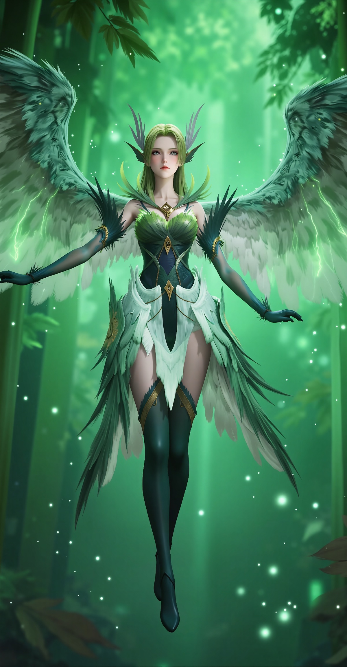 
4K,masterpiece,best quality,very aesthetic,lvjing,biji,
green hair,long hair,green eyes,wings,feathered wings,bare shoulders,dress,gloves,green dress,elbow gloves,green thighhighs,thighhighs,barefoot,1girl,solo,nature,bamboo,tree,full body,