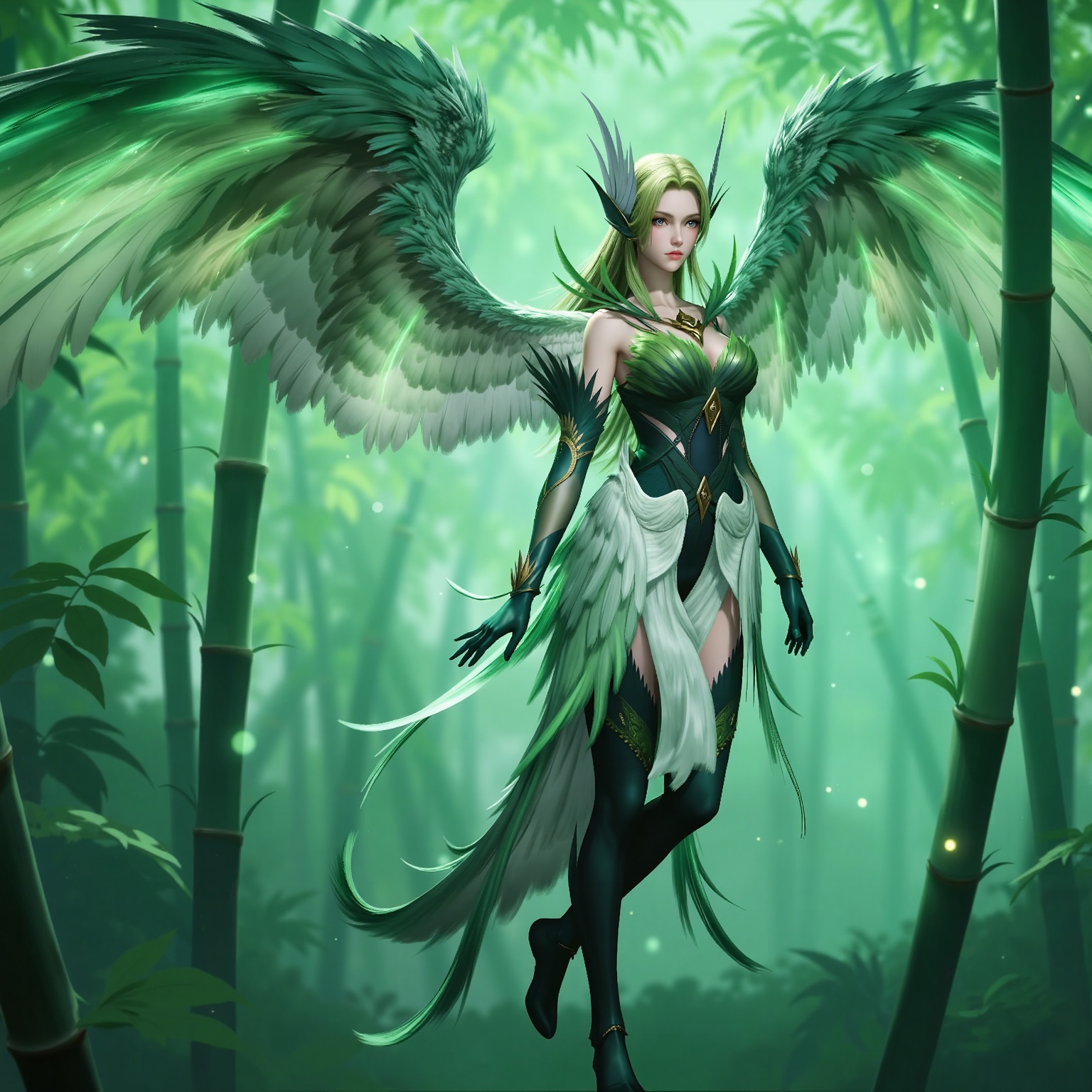 
4K,masterpiece,best quality,very aesthetic,lvjing,biji,
green hair,long hair,green eyes,wings,feathered wings,bare shoulders,dress,gloves,green dress,elbow gloves,green 1girl,solo,nature,bamboo,tree,upper body,