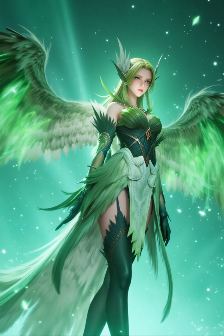 
4K,masterpiece,best quality,very aesthetic,lvjing,biji,
green hair,long hair,green eyes,wings,feathered wings,bare shoulders,dress,gloves,green dress,elbow gloves,green thighhighs,thighhighs,barefoot,1girl,solo