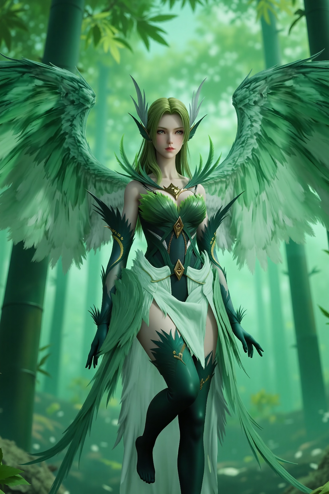 
4K,masterpiece,best quality,very aesthetic,lvjing,biji,
green hair,long hair,green eyes,wings,feathered wings,bare shoulders,dress,gloves,green dress,elbow gloves,green thighhighs,thighhighs,barefoot,1girl,solo,nature,bamboo,tree,