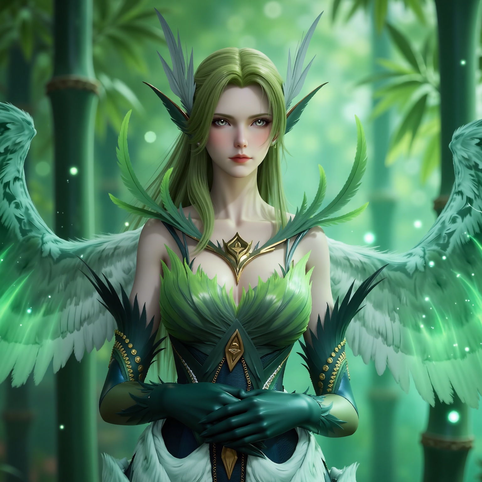 
4K,masterpiece,best quality,very aesthetic,lvjing,biji,
green hair,long hair,green eyes,wings,feathered wings,bare shoulders,dress,gloves,green dress,elbow gloves,green 1girl,solo,nature,bamboo,tree,upper body,