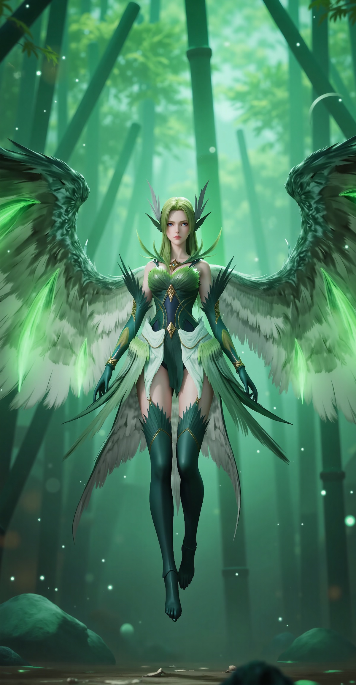 
4K,masterpiece,best quality,very aesthetic,lvjing,biji,
green hair,long hair,green eyes,wings,feathered wings,bare shoulders,dress,gloves,green dress,elbow gloves,green thighhighs,thighhighs,barefoot,1girl,solo,nature,bamboo,tree,full body,