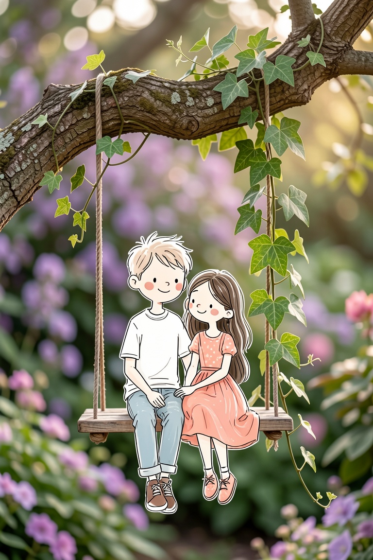 A semirealistic version of ceriamelia style,  a striking juxtaposition between a whimsical,  hand-drawn couple and a lush...