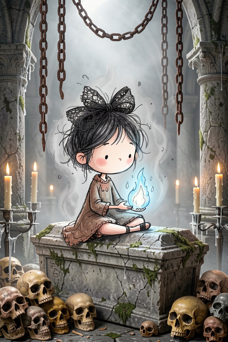 A semirealistic version of ceriamelia style,  a striking juxtaposition between a whimsical,  hand-drawn young necromancer...