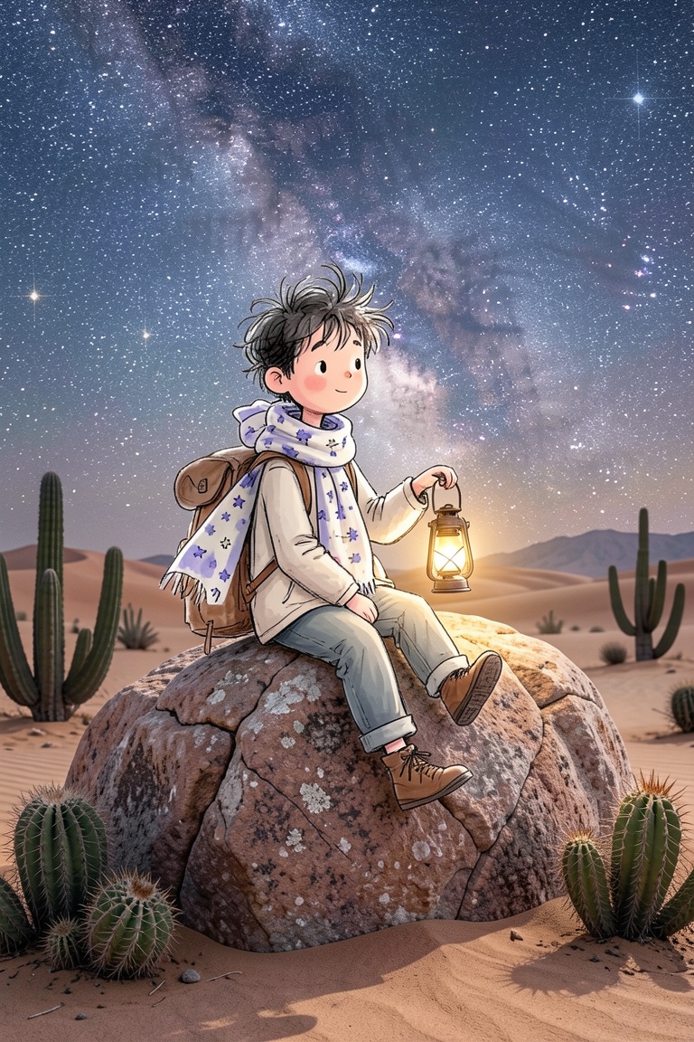 A semirealistic version of ceriamelia style. a striking juxtaposition between a whimsical,  hand-drawn stargazer and a vas...
