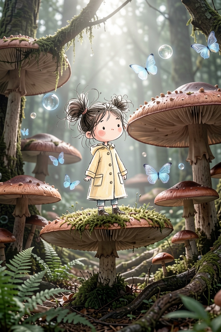 A semirealistic version of ceriamelia style,  a striking juxtaposition between a whimsical,  hand-drawn little girl and a...