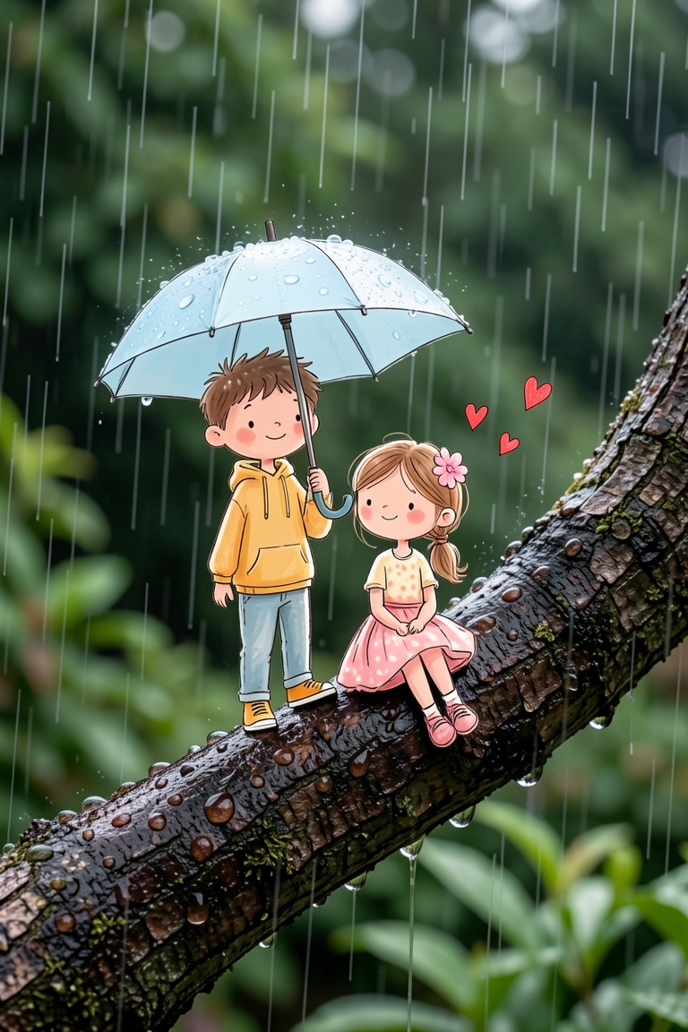 A semirealistic version of ceriamelia style,  a striking juxtaposition between a whimsical,  hand-drawn pair of children a...