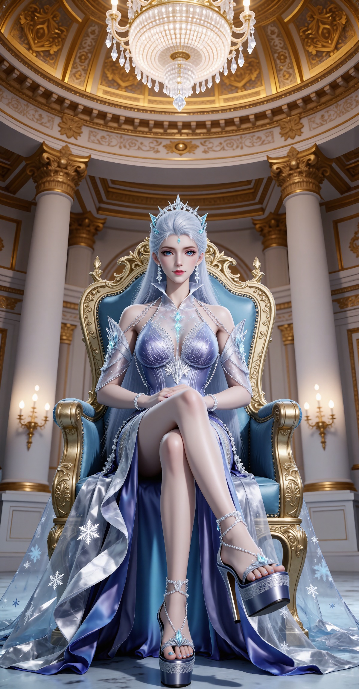 
4K,masterpiece,best quality,very aesthetic,lvjing,biji,
white hair, long hair, blue eyes, very long hair, red lips, forehead_jewel, earrings, makeup, eyelashes, eyeshadow, gem, blue gemstone, hair_ornament, snowflake hair ornament, tiara, bare shoulders, blue dress, detached_sleeves, short_sleeves, anklet, bracelet, snowflake print, high_heels, platform footwear, blue footwear, 1girl, sitting, throne, solo, jewelry, crossed legs, looking at viewer, indoors, elsa \(frozen\), nail polish, toenail polish, toenails, from below, reflective floor, full body, snowflakes, chandelier, toes, blue nails, ice, breasts, blurry, feet
