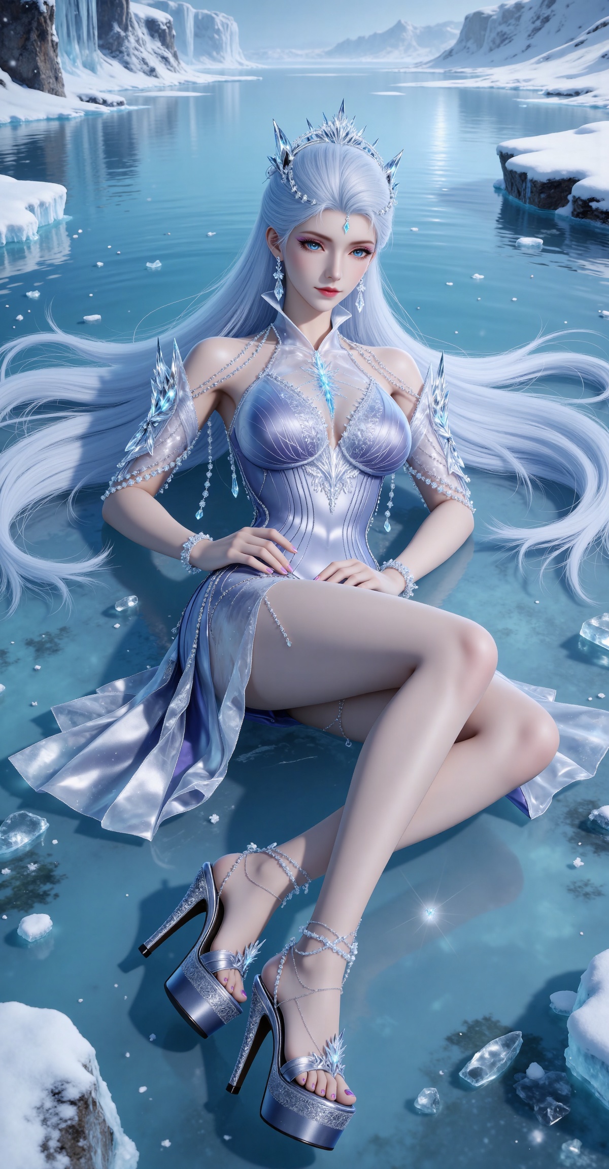 
4K,masterpiece,best quality,very aesthetic,lvjing,biji,
white hair, long hair, blue eyes, very long hair, red lips, forehead_jewel, earrings, makeup, eyelashes, eyeshadow, gem, blue gemstone, hair_ornament, snowflake hair ornament, tiara, bare shoulders, blue dress, detached_sleeves, short_sleeves, anklet, bracelet, snowflake print, high_heels, platform footwear, blue footwear, 1girl, water, jewelry, solo, ice, full body, snow, bare legs, legs, toenails