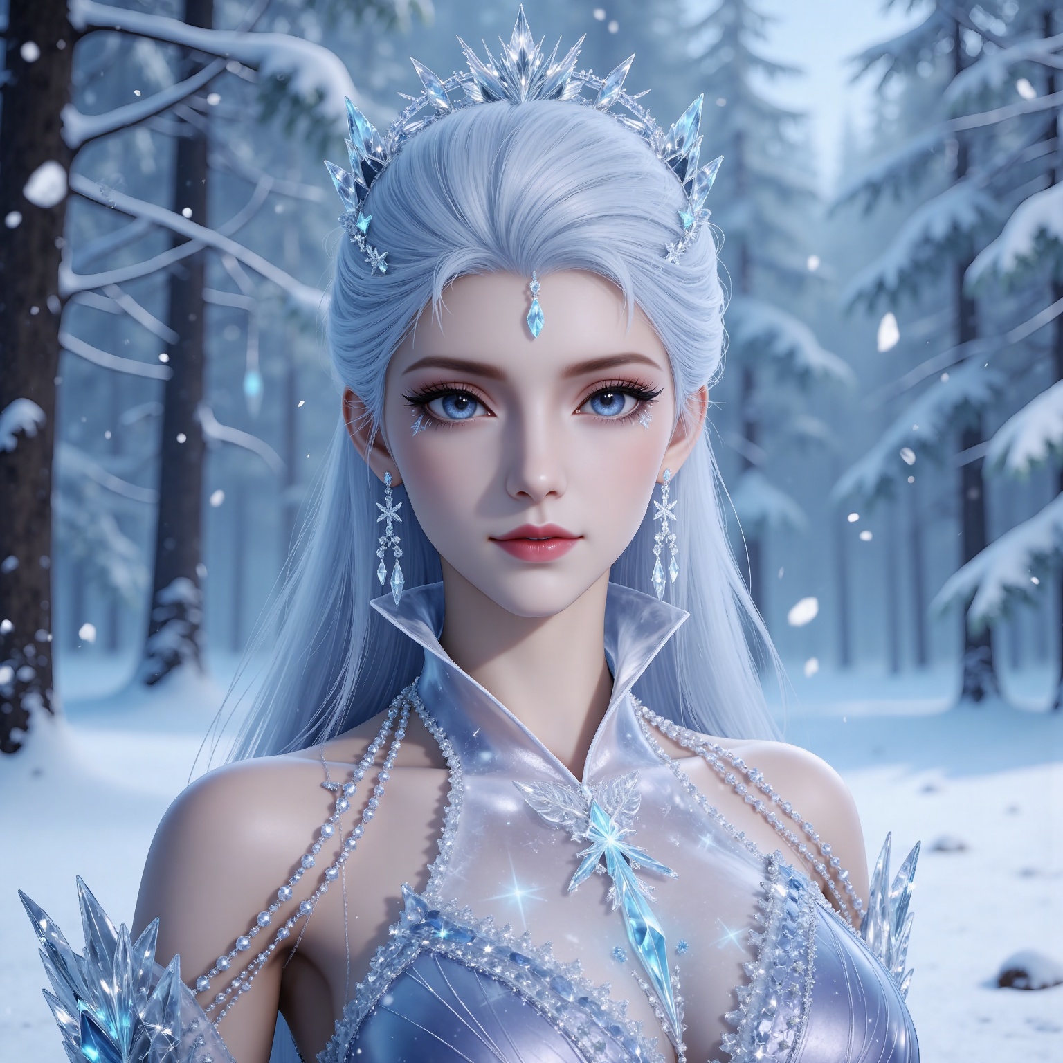 
4K,masterpiece,best quality,very aesthetic,lvjing,biji,
white hair, long hair, blue eyes, very long hair, red lips, forehead_jewel, earrings, makeup, eyelashes, eyeshadow, gem, blue gemstone, hair_ornament, snowflake hair ornament, tiara, bare shoulders, blue dress, detached_sleeves, short_sleeves, 1girl, snowflakes, solo, jewelry, looking at viewer, upper body, blurry, blurry background, snowing, snow, elsa \(frozen\), ice, winter