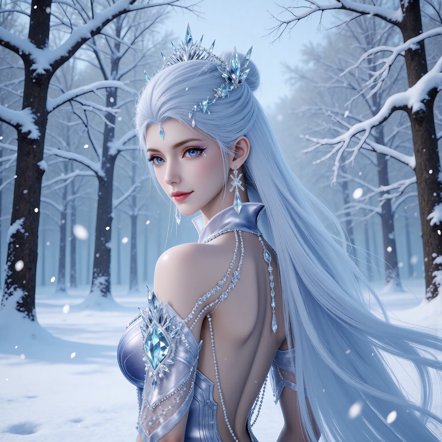 
4K,masterpiece,best quality,very aesthetic,lvjing,biji,
white hair, long hair, blue eyes, very long hair, red lips, forehead_jewel, earrings, makeup, eyelashes, eyeshadow, gem, blue gemstone, hair_ornament, snowflake hair ornament, tiara, bare shoulders, blue dress, detached_sleeves, short_sleeves, backless dress,backless outfit,1girl, solo, snow, jewelry, snowing, looking at viewer, outdoors, snowflakes, winter, back, looking back, from behind, tree, smile