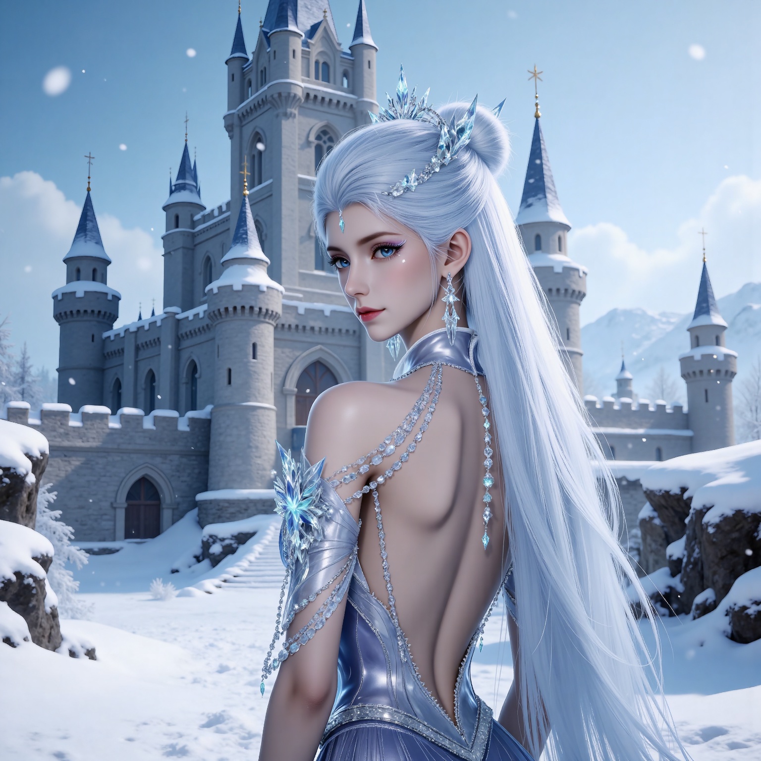 
4K,masterpiece,best quality,very aesthetic,lvjing,biji,
white hair, long hair, blue eyes, very long hair, red lips, forehead_jewel, earrings, makeup, eyelashes, eyeshadow, gem, blue gemstone, hair_ornament, snowflake hair ornament, tiara, bare shoulders, blue dress, detached_sleeves, short_sleeves, backless dress,backless outfit,1girl, solo, snow, jewelry, snowflakes, snowing, outdoors, castle, winter, back, tower, upper body, looking at viewer, day, from behind, building, looking back, sky