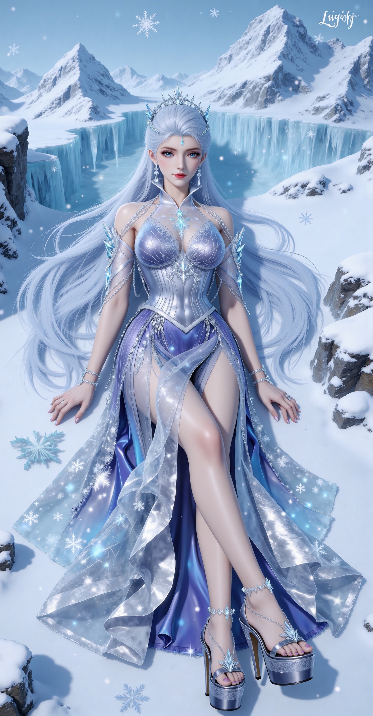 
4K,masterpiece,best quality,very aesthetic,lvjing,biji,
white hair, long hair, blue eyes, very long hair, red lips, forehead_jewel, earrings, makeup, eyelashes, eyeshadow, gem, blue gemstone, hair_ornament, snowflake hair ornament, tiara, bare shoulders, blue dress, detached_sleeves, short_sleeves, anklet, bracelet, snowflake print, high_heels, platform footwear, blue footwear, backless dress,backless outfit,1girl, jewelry, solo, on side, snow, snowflakes, ice, full body, snowing, mountain