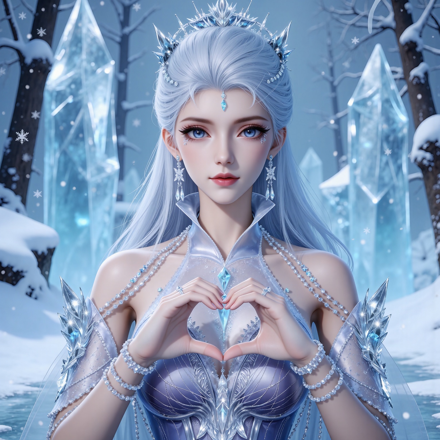 
4K,masterpiece,best quality,very aesthetic,lvjing,biji,
white hair, long hair, blue eyes, very long hair, red lips, forehead_jewel, earrings, makeup, eyelashes, eyeshadow, gem, blue gemstone, hair_ornament, snowflake hair ornament, tiara, bare shoulders, blue dress, detached_sleeves, short_sleeves, 1girl, heart hands, solo, jewelry, looking at viewer, upper body, heart, ice, snowflakes, bracelet, blue background, closed mouth