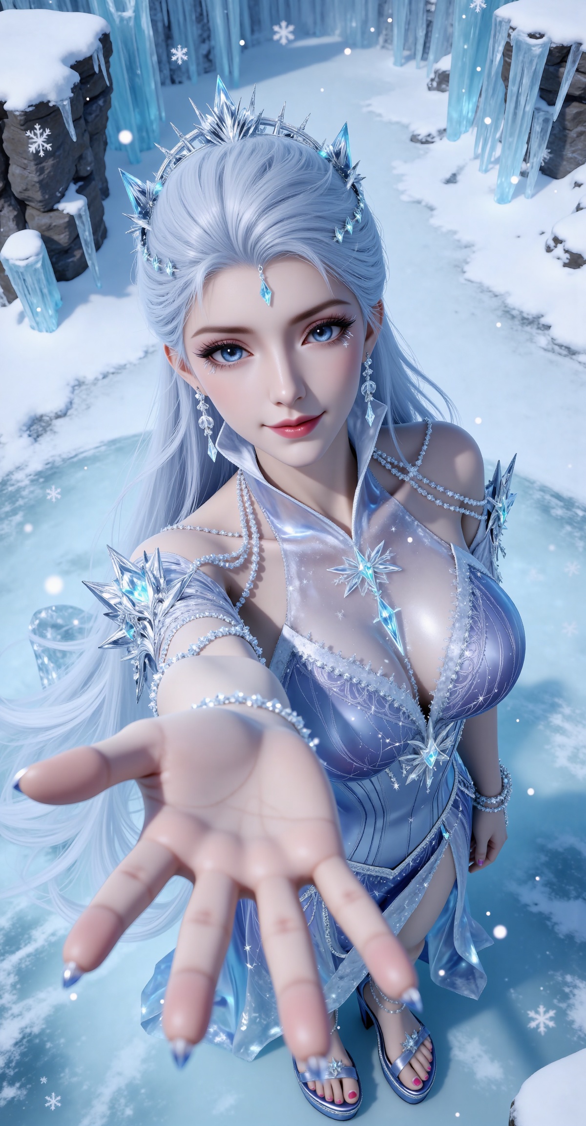
4K,masterpiece,best quality,very aesthetic,lvjing,biji,
white hair, long hair, blue eyes, very long hair, red lips, forehead_jewel, earrings, makeup, eyelashes, eyeshadow, gem, blue gemstone, hair_ornament, snowflake hair ornament, tiara, bare shoulders, blue dress, detached_sleeves, short_sleeves, anklet, bracelet, snowflake print, high_heels, platform footwear, blue footwear, 1girl, snowflakes, snow, solo, jewelry, looking at viewer, from above, smile, foreshortening, ice, snowing, teeth, reaching, reaching towards viewer, elsa \(frozen\), outstretched hand, realistic, standing, outstretched arm, looking up