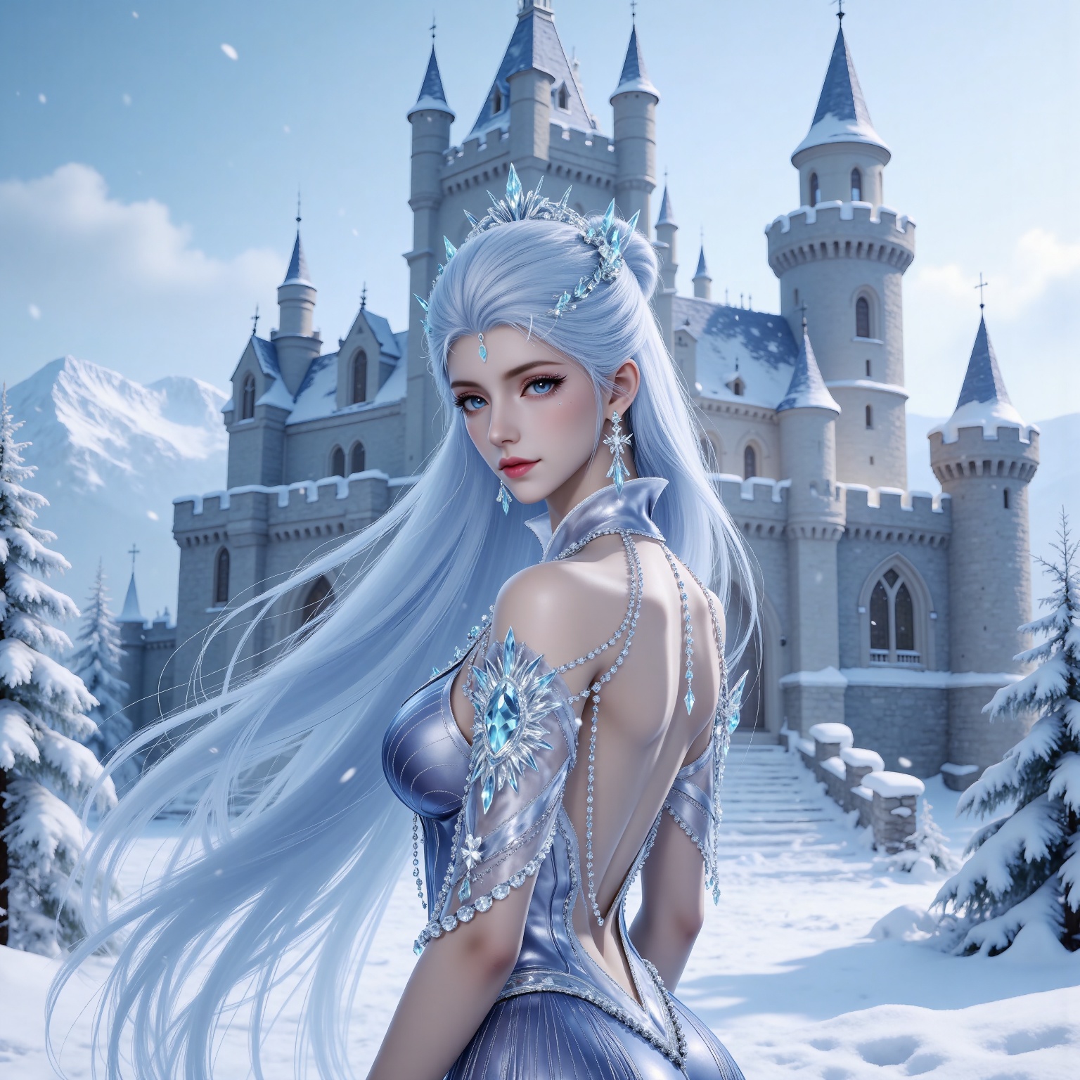 
4K,masterpiece,best quality,very aesthetic,lvjing,biji,
white hair, long hair, blue eyes, very long hair, red lips, forehead_jewel, earrings, makeup, eyelashes, eyeshadow, gem, blue gemstone, hair_ornament, snowflake hair ornament, tiara, bare shoulders, blue dress, detached_sleeves, short_sleeves, backless dress,backless outfit,1girl, solo, snow, jewelry, snowflakes, snowing, outdoors, castle, winter, back, tower, upper body, looking at viewer, day, from behind, building, looking back, sky