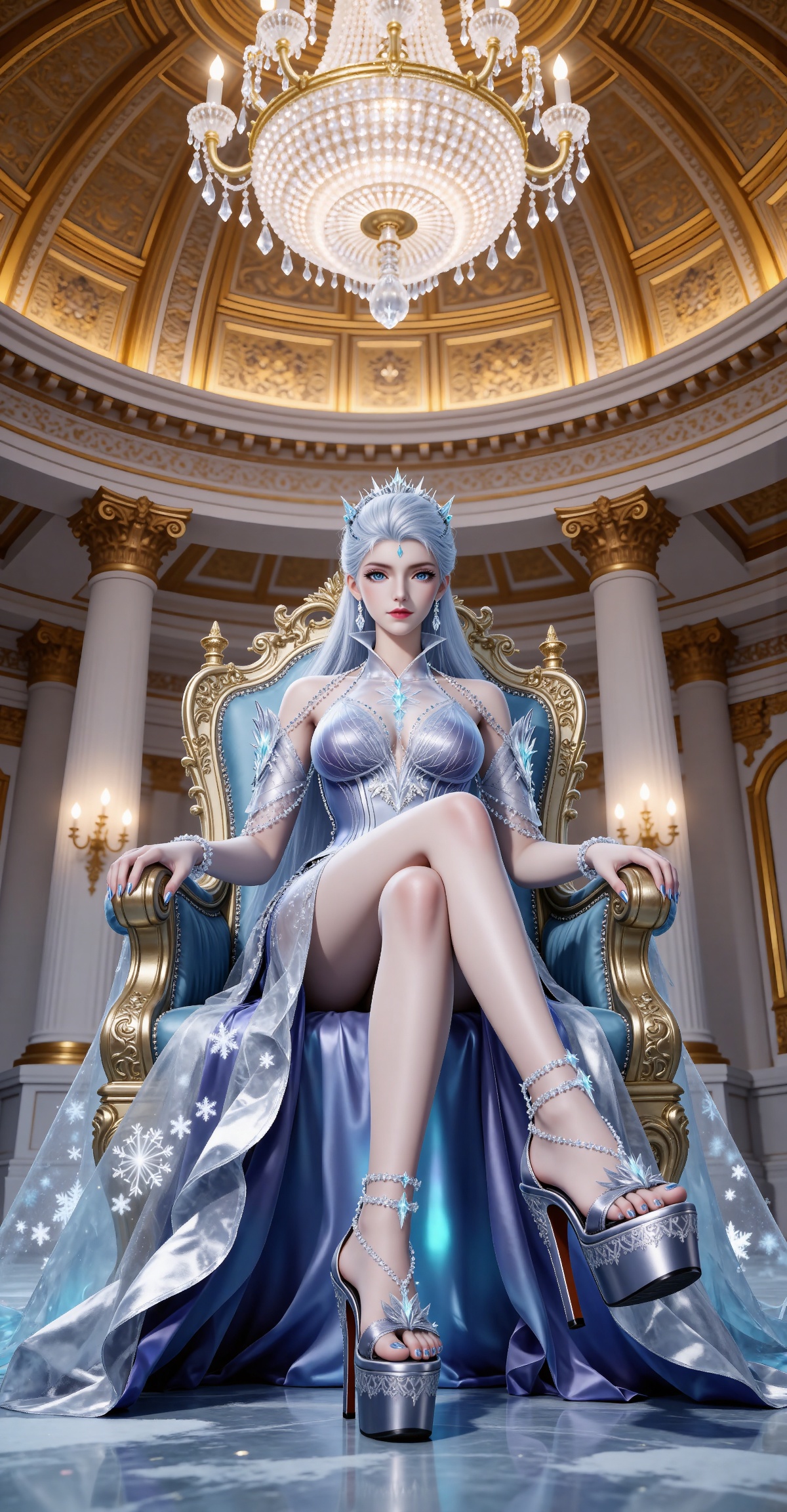 
4K,masterpiece,best quality,very aesthetic,lvjing,biji,
white hair, long hair, blue eyes, very long hair, red lips, forehead_jewel, earrings, makeup, eyelashes, eyeshadow, gem, blue gemstone, hair_ornament, snowflake hair ornament, tiara, bare shoulders, blue dress, detached_sleeves, short_sleeves, anklet, bracelet, snowflake print, high_heels, platform footwear, blue footwear, 1girl, sitting, throne, solo, jewelry, crossed legs, looking at viewer, indoors, elsa \(frozen\), nail polish, toenail polish, toenails, from below, reflective floor, full body, snowflakes, chandelier, toes, blue nails, ice, breasts, blurry, feet