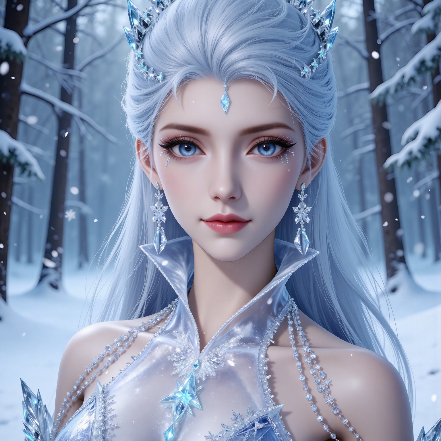 
4K,masterpiece,best quality,very aesthetic,lvjing,biji,
white hair, long hair, blue eyes, very long hair, red lips, forehead_jewel, earrings, makeup, eyelashes, eyeshadow, gem, blue gemstone, hair_ornament, snowflake hair ornament, tiara, bare shoulders, blue dress, detached_sleeves, short_sleeves, 1girl, snowflakes, solo, jewelry, looking at viewer, upper body, blurry, blurry background, snowing, snow, elsa \(frozen\), ice, winter