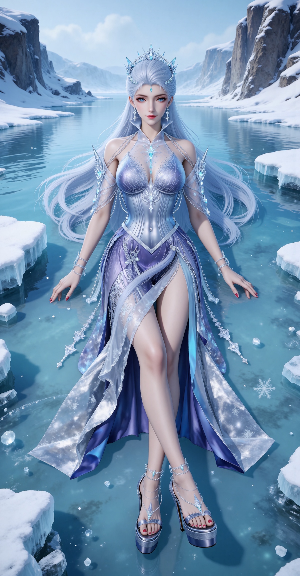 
4K,masterpiece,best quality,very aesthetic,lvjing,biji,
white hair, long hair, blue eyes, very long hair, red lips, forehead_jewel, earrings, makeup, eyelashes, eyeshadow, gem, blue gemstone, hair_ornament, snowflake hair ornament, tiara, bare shoulders, blue dress, detached_sleeves, short_sleeves, anklet, bracelet, snowflake print, high_heels, platform footwear, blue footwear, 1girl, water, jewelry, solo, ice, full body, snow, bare legs, legs, toenails