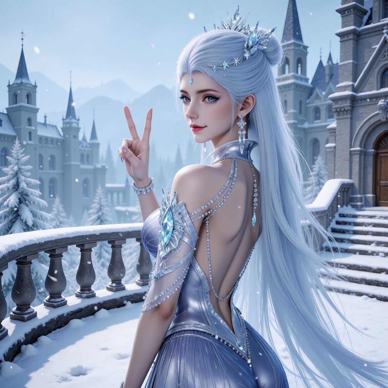
4K,masterpiece,best quality,very aesthetic,lvjing,biji,
white hair, long hair, blue eyes, very long hair, red lips, forehead_jewel, earrings, makeup, eyelashes, eyeshadow, gem, blue gemstone, hair_ornament, snowflake hair ornament, tiara, bare shoulders, blue dress, detached_sleeves, short_sleeves,backless dress,backless outfit, 1girl, solo, jewelry, snow, looking at viewer, snowflakes, snowing, outdoors, v, smile, blurry background, blurry, building, back, winter, bracelet, day, railing, looking back