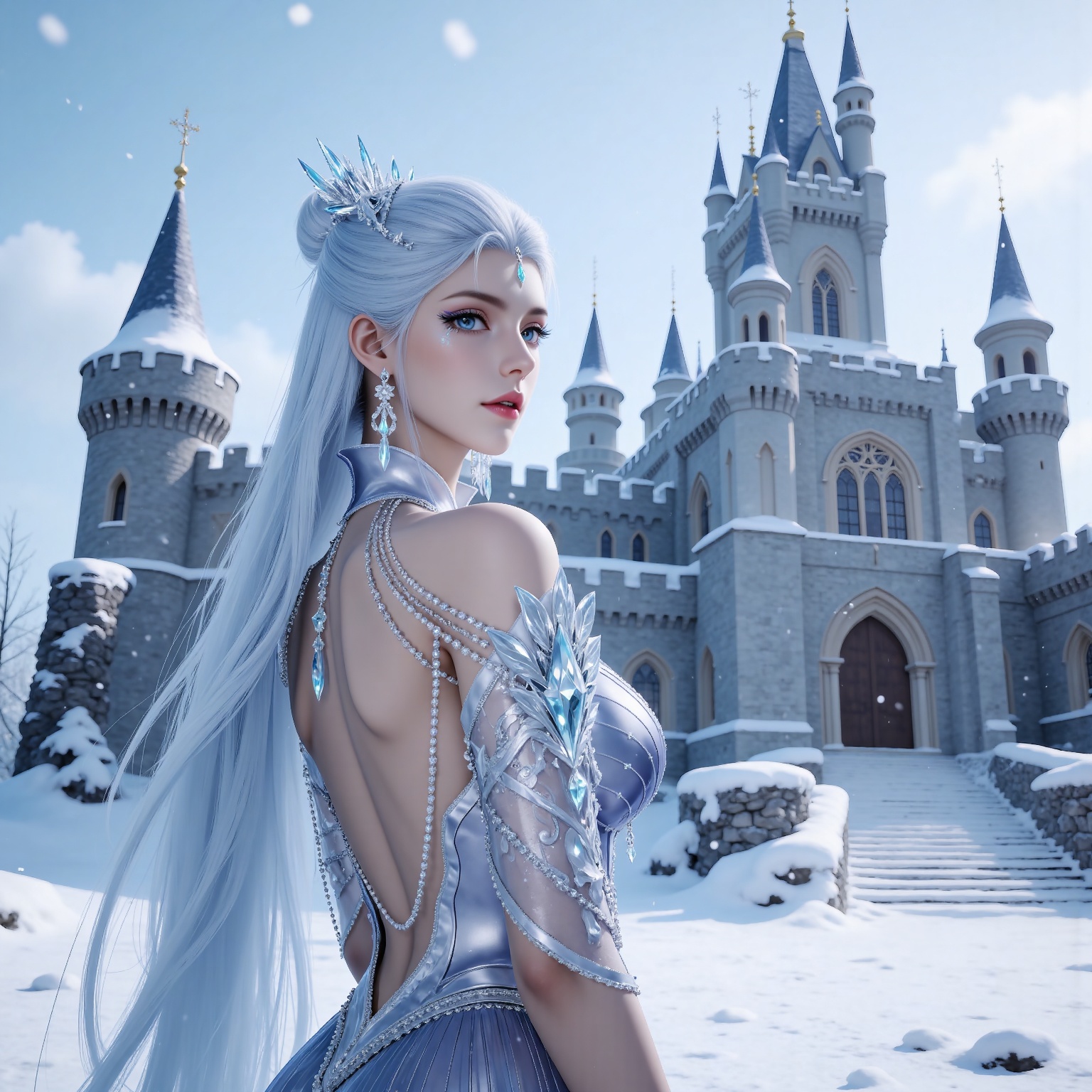 
4K,masterpiece,best quality,very aesthetic,lvjing,biji,
white hair, long hair, blue eyes, very long hair, red lips, forehead_jewel, earrings, makeup, eyelashes, eyeshadow, gem, blue gemstone, hair_ornament, snowflake hair ornament, tiara, bare shoulders, blue dress, detached_sleeves, short_sleeves, backless dress,backless outfit,1girl, solo, snow, jewelry, snowflakes, snowing, outdoors, castle, winter, back, tower, upper body, looking at viewer, day, from behind, building, looking back, sky