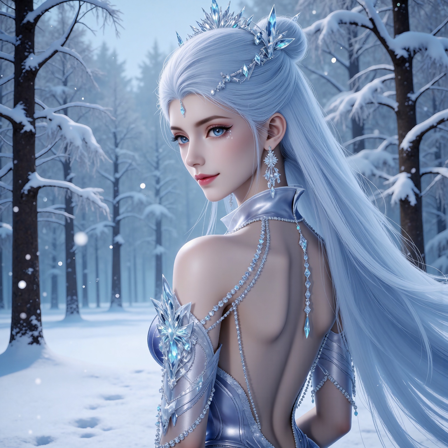 
4K,masterpiece,best quality,very aesthetic,lvjing,biji,
white hair, long hair, blue eyes, very long hair, red lips, forehead_jewel, earrings, makeup, eyelashes, eyeshadow, gem, blue gemstone, hair_ornament, snowflake hair ornament, tiara, bare shoulders, blue dress, detached_sleeves, short_sleeves, backless dress,backless outfit,1girl, solo, snow, jewelry, snowing, looking at viewer, outdoors, snowflakes, winter, back, looking back, from behind, tree, smile