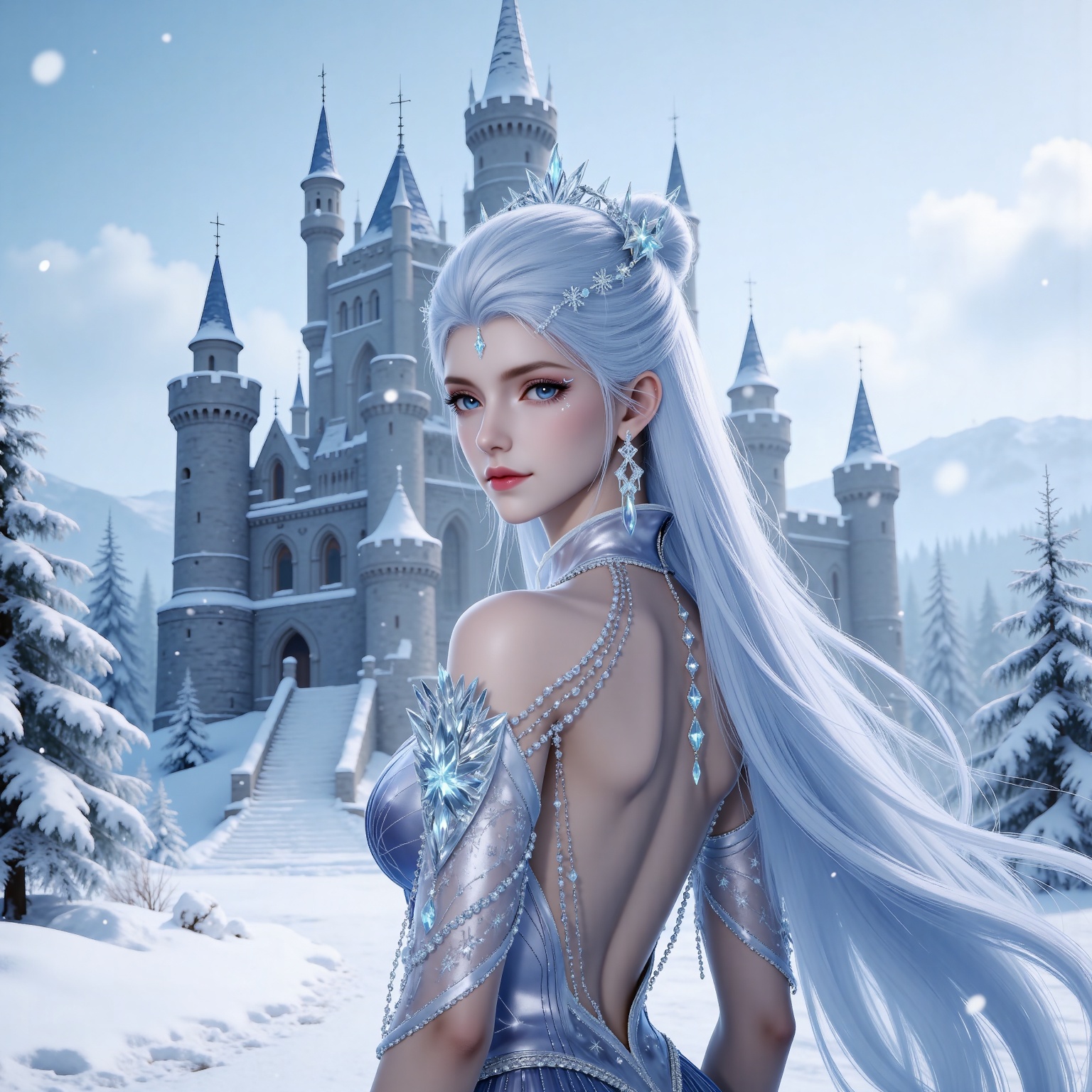 
4K,masterpiece,best quality,very aesthetic,lvjing,biji,
white hair, long hair, blue eyes, very long hair, red lips, forehead_jewel, earrings, makeup, eyelashes, eyeshadow, gem, blue gemstone, hair_ornament, snowflake hair ornament, tiara, bare shoulders, blue dress, detached_sleeves, short_sleeves, backless dress,backless outfit,1girl, solo, snow, jewelry, snowflakes, snowing, outdoors, castle, winter, back, tower, upper body, looking at viewer, day, from behind, building, looking back, sky