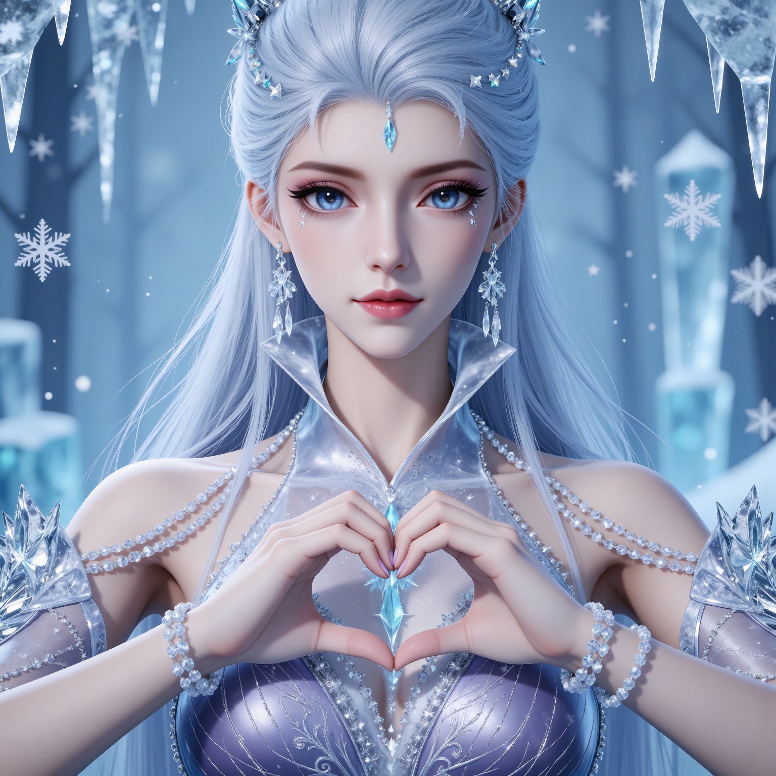 
4K,masterpiece,best quality,very aesthetic,lvjing,biji,
white hair, long hair, blue eyes, very long hair, red lips, forehead_jewel, earrings, makeup, eyelashes, eyeshadow, gem, blue gemstone, hair_ornament, snowflake hair ornament, tiara, bare shoulders, blue dress, detached_sleeves, short_sleeves, 1girl, heart hands, solo, jewelry, looking at viewer, upper body, heart, ice, snowflakes, bracelet, blue background, closed mouth