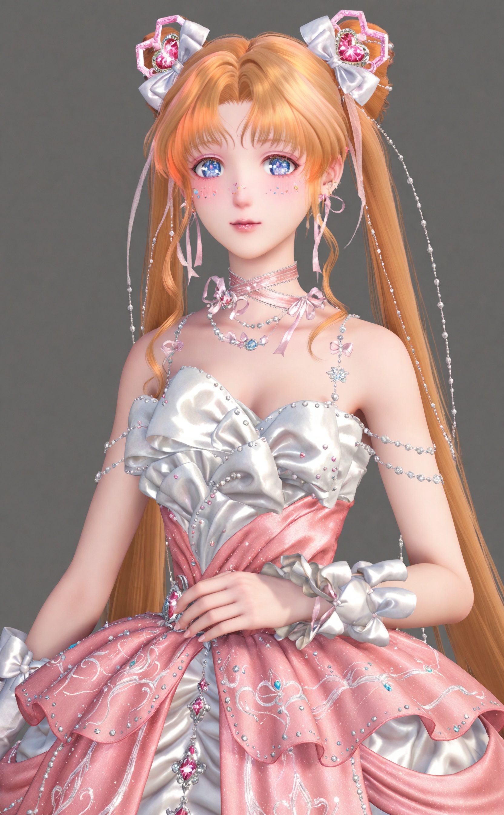 1girl, solo, long hair, looking at viewer, bangs, blue eyes, blonde hair, simple background, hair ornament, dress, bare shoulders, twintails, jewelry, very long hair, earrings, grey background, hair bun, white dress, orange hair, parted bangs, double bun, facial mark, gem, pink dress, tsukino usagi