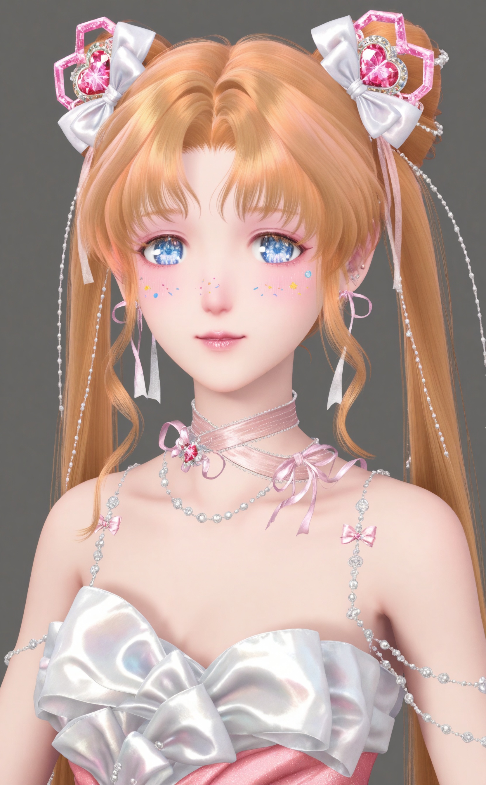 1girl, solo, long hair, looking at viewer, bangs, blue eyes, blonde hair, simple background, hair ornament, dress, bare shoulders, twintails, jewelry, very long hair, earrings, grey background, hair bun, white dress, orange hair, parted bangs, double bun, facial mark, gem, pink dress, tsukino usagi