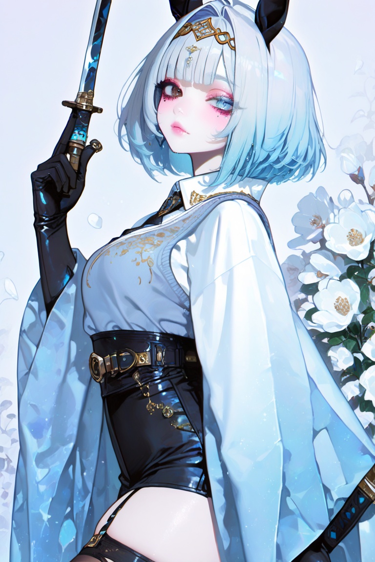 Uma Musume in official anime style,  white short hair with light blue gradient tips,  slender waist on Tensor.Art