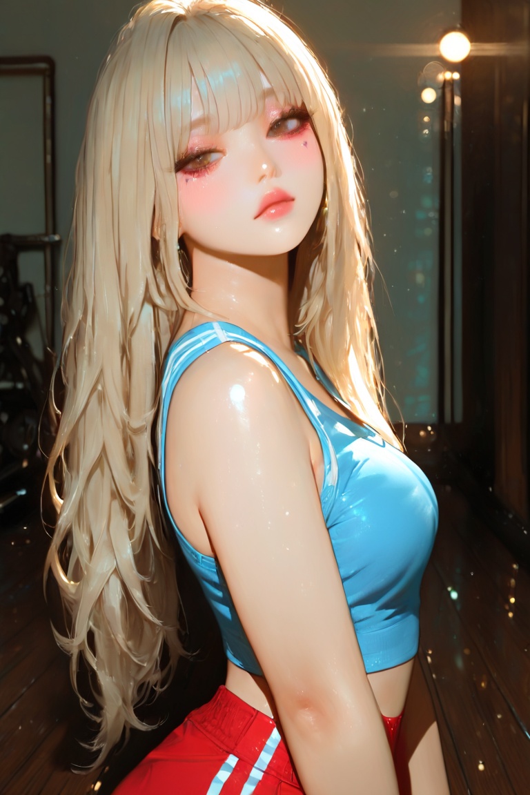 A woman shoots solo. A beautiful girl with natural skin,  long,  messy light blonde hair with bangs on Tensor.Art