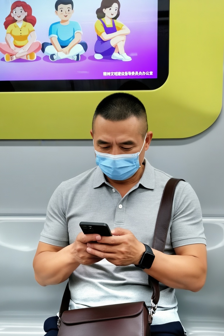 电影感写实风格,画面层次丰富,细节真实,类似手机随手一拍的真实画质,但构图极具电影感。清晰的男子肖像,
一幅男子肖像,他露出自己身体,脂包肌身材,无腹肌,非常有魅力的中国大叔,寸头,核心主体-人物：一位约50岁左右的东亚男性,短发修剪得干净利落,面容沉稳。他戴着一只浅蓝色医用口罩,遮住了口鼻。-穿着：上身是浅灰色Polo衫,领口有一颗白色纽扣。左手腕佩戴着一块黑色方形智能手表。他斜挎着一条深棕色皮质肩带,下方连接着一个同材质的斜挎包,包身自然垂在右侧大腿前。动作与神态-他坐在座位上,身体微微前倾,低头专注于手中的手机。-双手握持手机,右手拇指在屏幕上滑动,呈现出沉浸在手机内容里的状态。-眼神透过口罩上方向下聚焦,表情平静放松。环境与背景-场景：在现代化的地铁车厢内。座位是浅灰色的硬质塑料材质,车厢内壁为简洁的浅灰色调。-背景装饰：人物正上方有一块嵌入式的公益宣传电子屏,画面是色彩明快的插画风格,描绘了几个坐姿放松的卡通人物,背景是紫色渐变。屏幕下方有一行小字：“精神文明建设指导委员会办公室”。-光线：车厢内是均匀柔和的冷白色照明,整体氛围安静且充满生活化气息。风格与质感-写实风格,注重衣物的棉麻质感、皮革的细腻纹理,以及口罩的轻薄褶皱。-背景的地铁环境要体现出干净、现代的金属与塑料质感,电子屏的色彩要鲜亮但不刺眼。