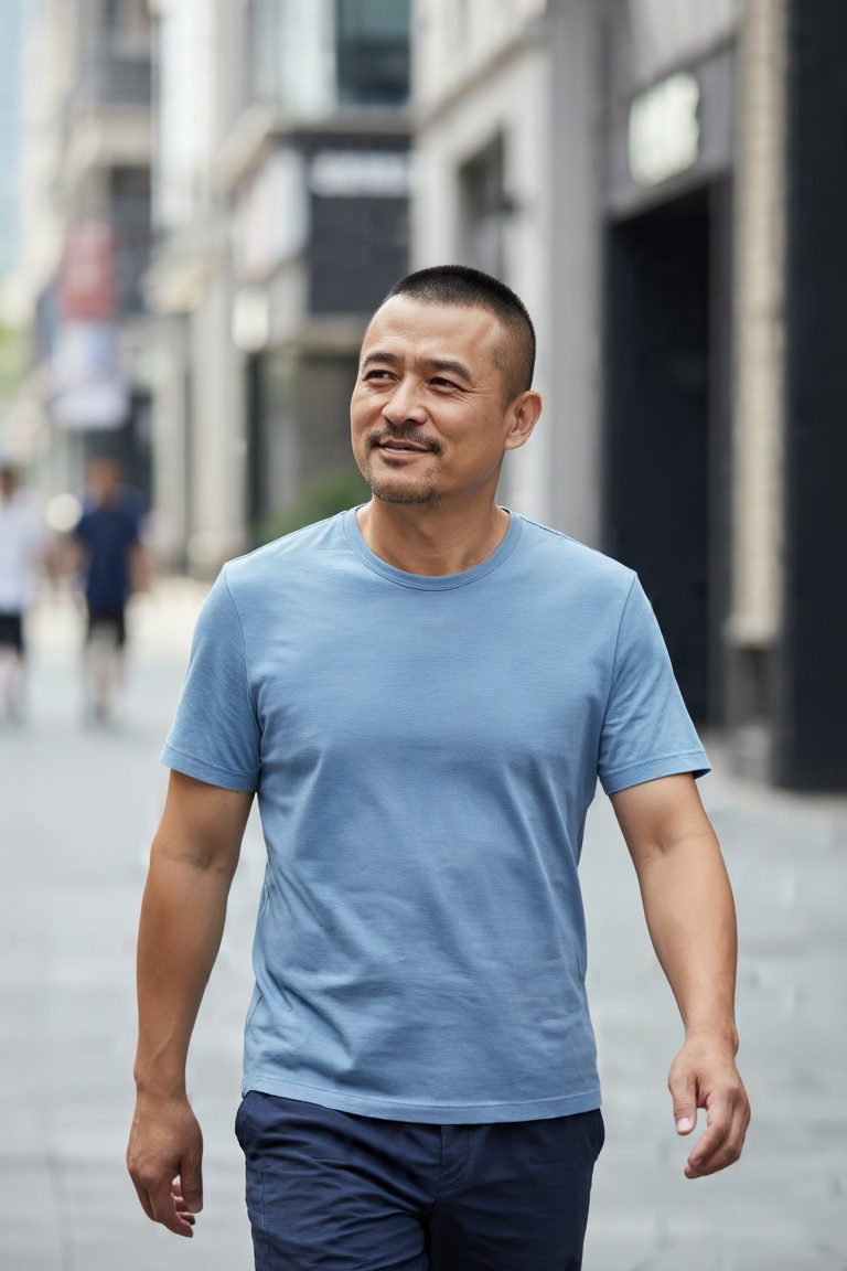 一个叫立军的男人,留着短发平头,他在街上散步,神态放松