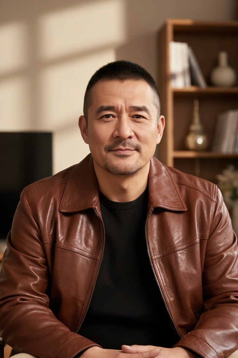 立军,
A middle-aged man with a sharp cut, a faint dark stubble on his lips and chin, and a calm and gentle expression. He was wearing a finely textured brown glossy leather jacket with a simple black top underneath. The zipper of the jacket was slightly opened, revealing the edges of the lining. The background is a warm indoor home scene, with a wooden bookshelf on one side, on which books and decorative ornaments are arranged in a staggered manner. Soft warm light shines through the wall with alternating light and shadow, creating a relaxed and comfortable atmosphere for the entire picture.