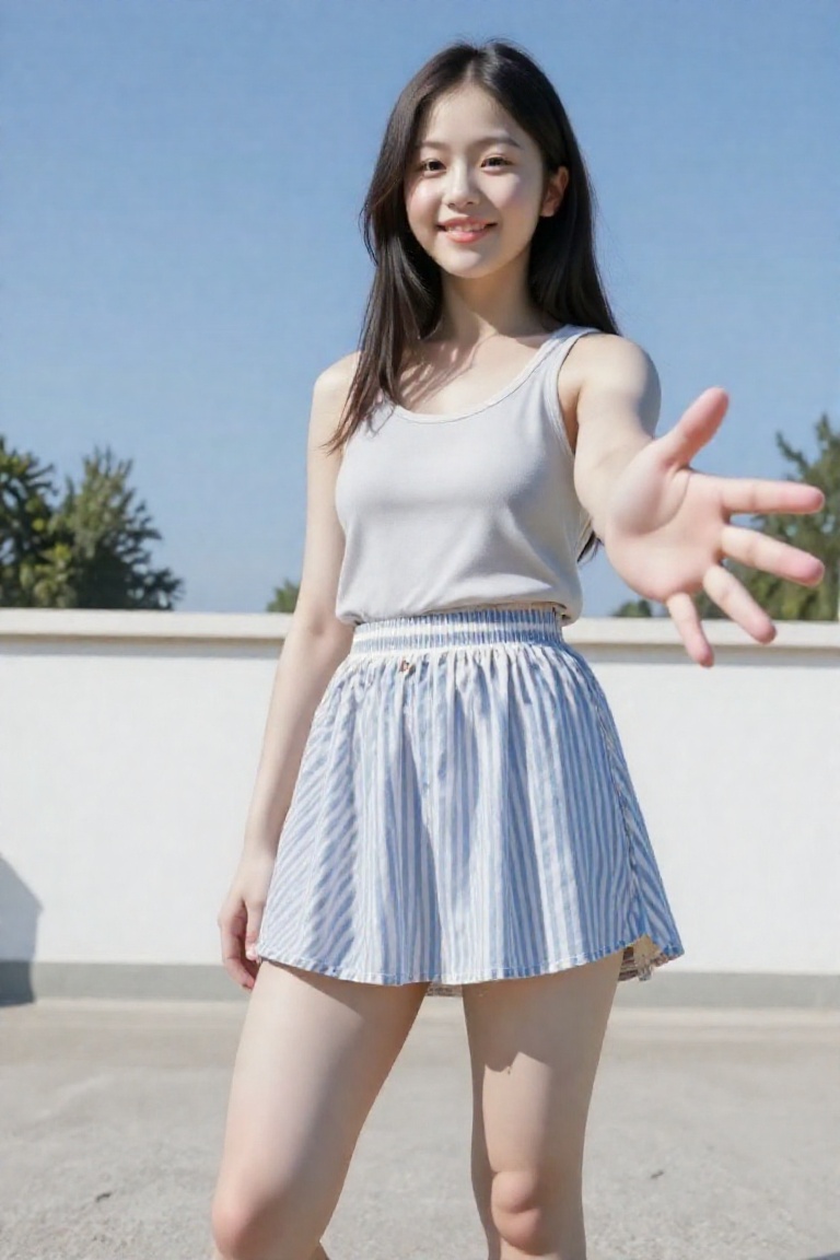 Low-angle shot looking up at a young East Asian woman with long straight black hair,  smiling brightly at the camera while...