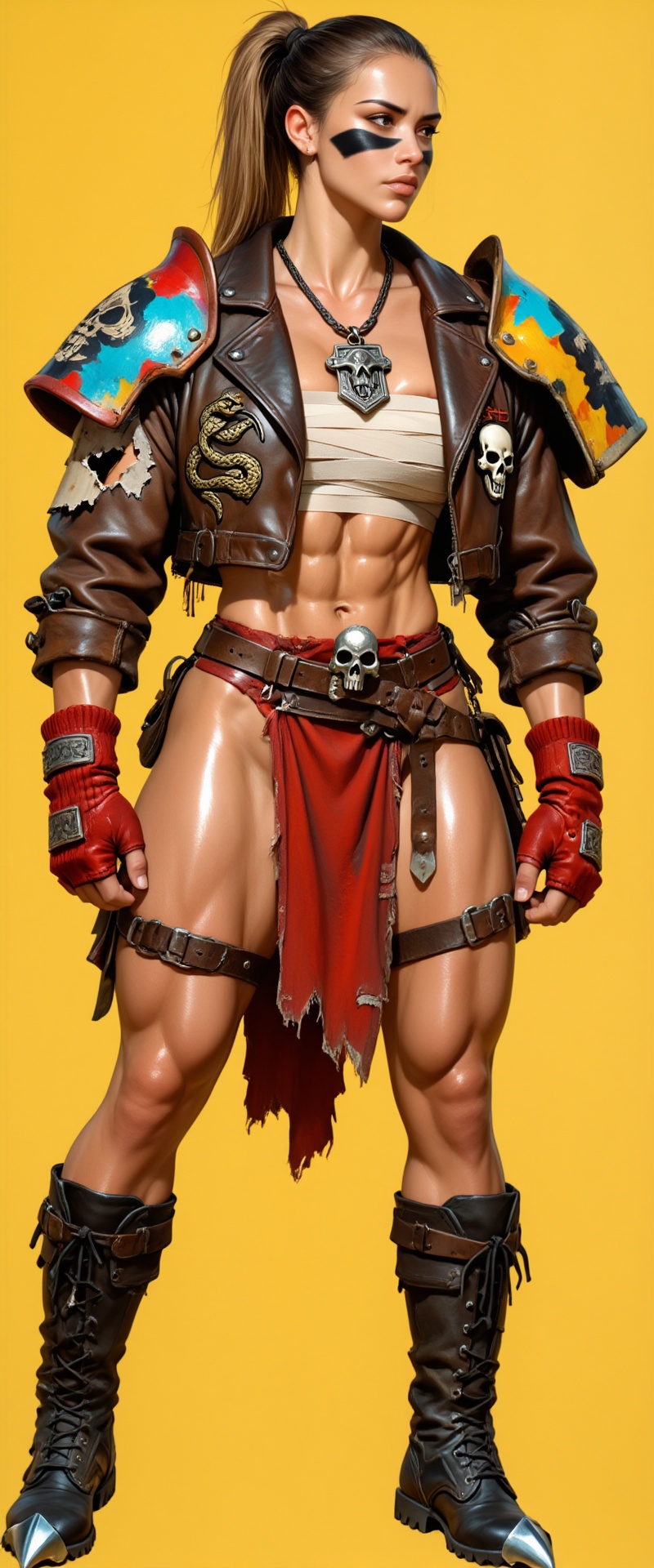 masterpiece,  ultra-detailed,  full-body cinematic portrait. a 190cm tall muscular woman with light brown oiled skin on Te...
