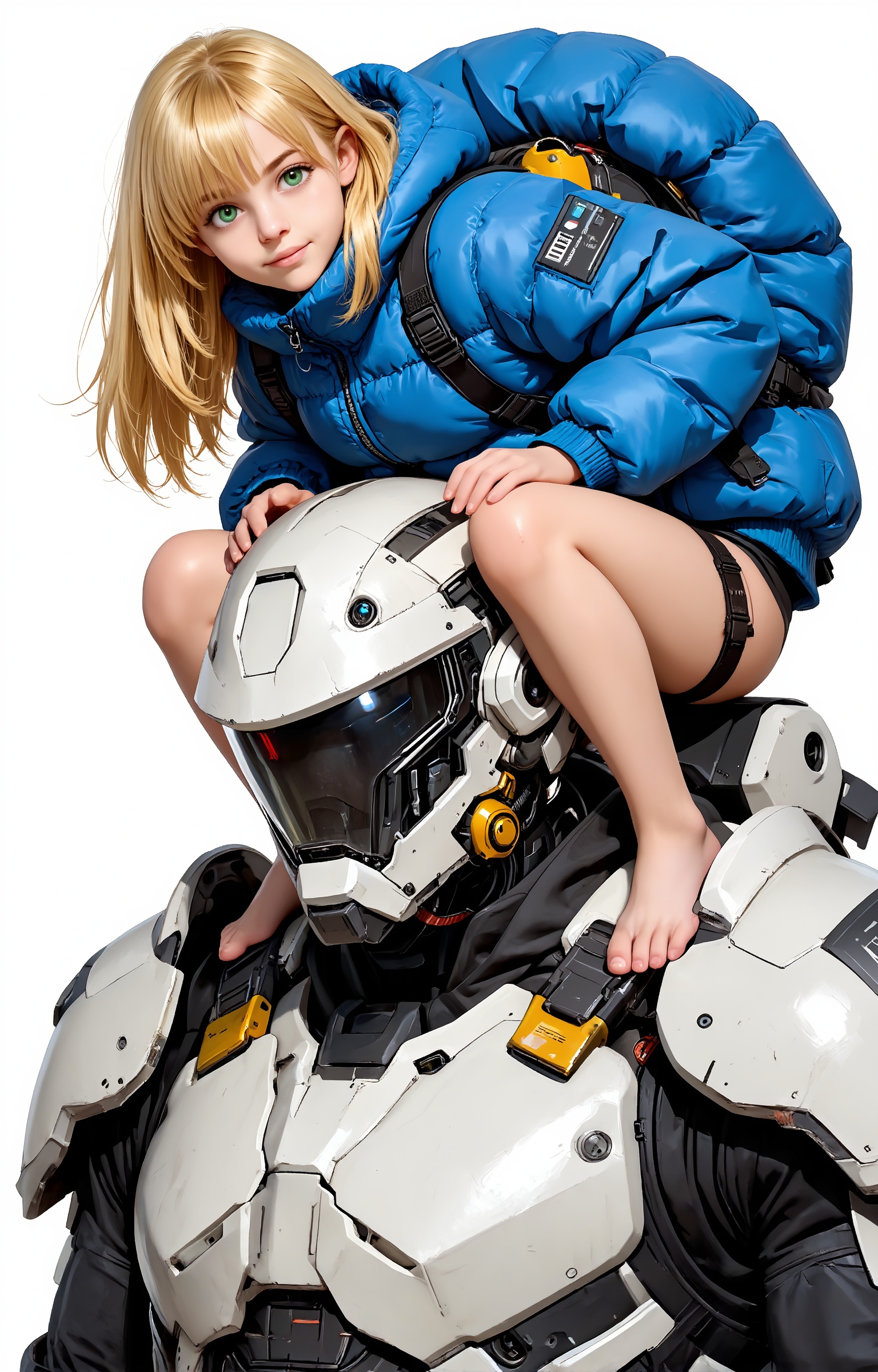 A young girl with long,  blonde hair and large green eyes is positioned atop the shoulders of a massive,  heavy-armored hu...