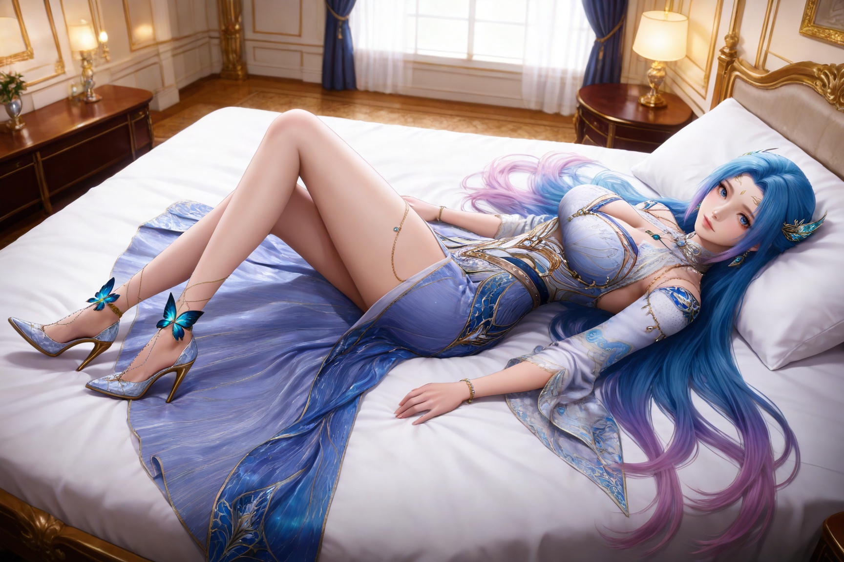 
4K,masterpiece,best quality,very aesthetic,masterpiece,high quality,tall,game cg,highres,(soft light:1.2),(white_skin:0.6),(shiny_skin:0.6),(realistic:1.1),(looking_at_viewer:1.1),
blue hair, long hair, blue eyes, multicolored hair, gradient hair, pink hair, large breasts, forehead mark, tangwutong blue and white dress, cleavage cutout, detached sleeves, necklace, hair_ornament, anklet, bracelet, high_heels, 1girl, solo, jewelry, bare legs, full body, indoors, earrings, bed, lying, on bed, legs, pillow, bug, sitting, butterfly