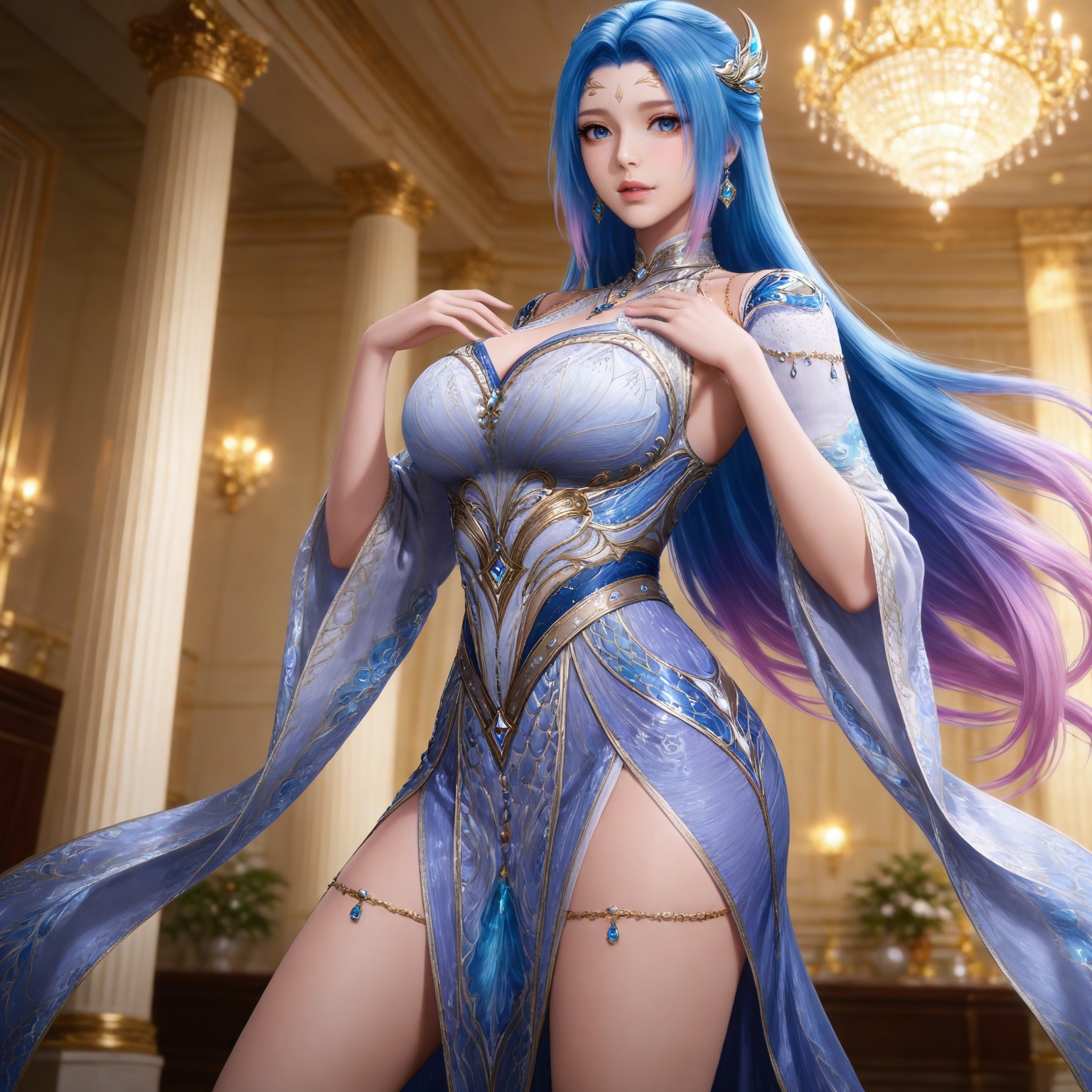 
4K,masterpiece,best quality,very aesthetic,masterpiece,high quality,tall,game cg,highres,(soft light:1.2),(white_skin:0.6),(shiny_skin:0.6),(realistic:1.1),(looking_at_viewer:1.1),
blue hair, long hair, blue eyes, multicolored hair, gradient hair, pink hair, large breasts, forehead mark, tangwutong blue and white dress, cleavage cutout, detached sleeves, necklace, hair_ornament, 1girl, solo, jewelry, earrings, breasts, looking at viewer, clothing cutout, realistic, thighs