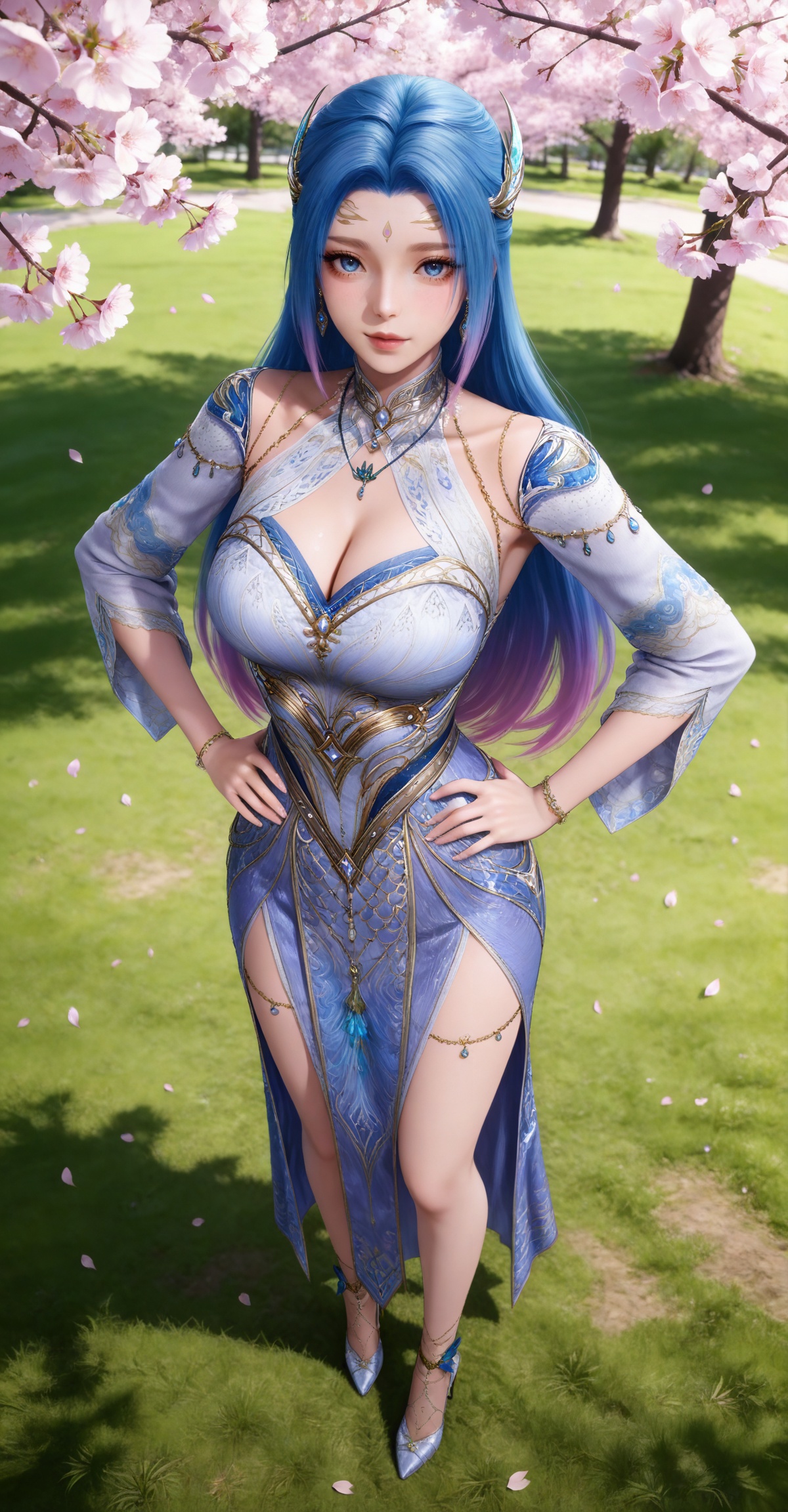 
4K,masterpiece,best quality,very aesthetic,masterpiece,high quality,tall,game cg,highres,(soft light:1.2),(white_skin:0.6),(shiny_skin:0.6),(realistic:1.1),(looking_at_viewer:1.1),
blue hair, long hair, blue eyes, multicolored hair, gradient hair, pink hair, large breasts, forehead mark, tangwutong blue and white dress, cleavage cutout, detached sleeves, necklace, hair_ornament, anklet, bracelet, high_heels, 1girl, hands on own hips, solo, cherry blossoms, jewelry, cleavage, looking at viewer, full body,  earrings, from above, petals, outdoors, grass, falling petals, tree