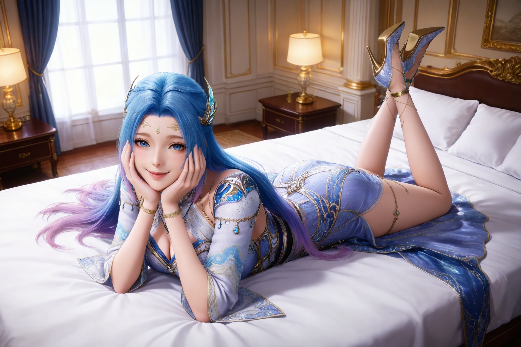 
4K,masterpiece,best quality,very aesthetic,masterpiece,high quality,tall,game cg,highres,(soft light:1.2),(white_skin:0.6),(shiny_skin:0.6),(realistic:1.1),(looking_at_viewer:1.1),
blue hair, long hair, blue eyes, multicolored hair, gradient hair, pink hair, large breasts, forehead mark, tangwutong blue and white dress, cleavage cutout, detached sleeves, necklace, hair_ornament, anklet, bracelet, high_heels, 1girl, lying, on stomach, solo, bed, on bed, pillow, looking at viewer, full body, the pose, hands on own face, thighlet, hands on own cheeks, indoors, legs up, smile, lamp