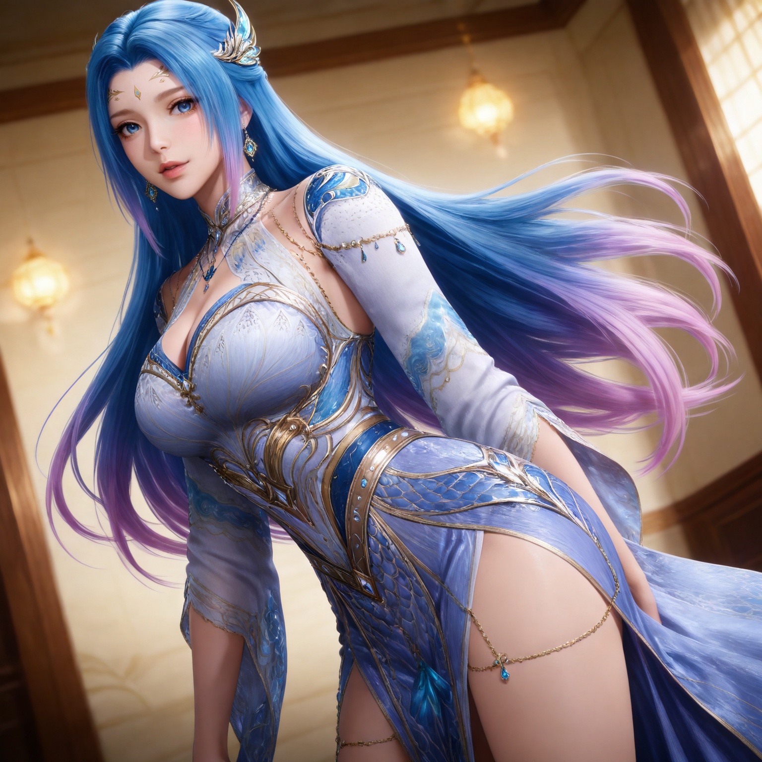 
4K,masterpiece,best quality,very aesthetic,masterpiece,high quality,tall,game cg,highres,(soft light:1.2),(white_skin:0.6),(shiny_skin:0.6),(realistic:1.1),(looking_at_viewer:1.1),
blue hair, long hair, blue eyes, multicolored hair, gradient hair, pink hair, large breasts, forehead mark, tangwutong blue and white dress, cleavage cutout, detached sleeves, necklace, hair_ornament, 1girl, solo, jewelry, earrings, breasts, looking at viewer, clothing cutout, realistic, thighs