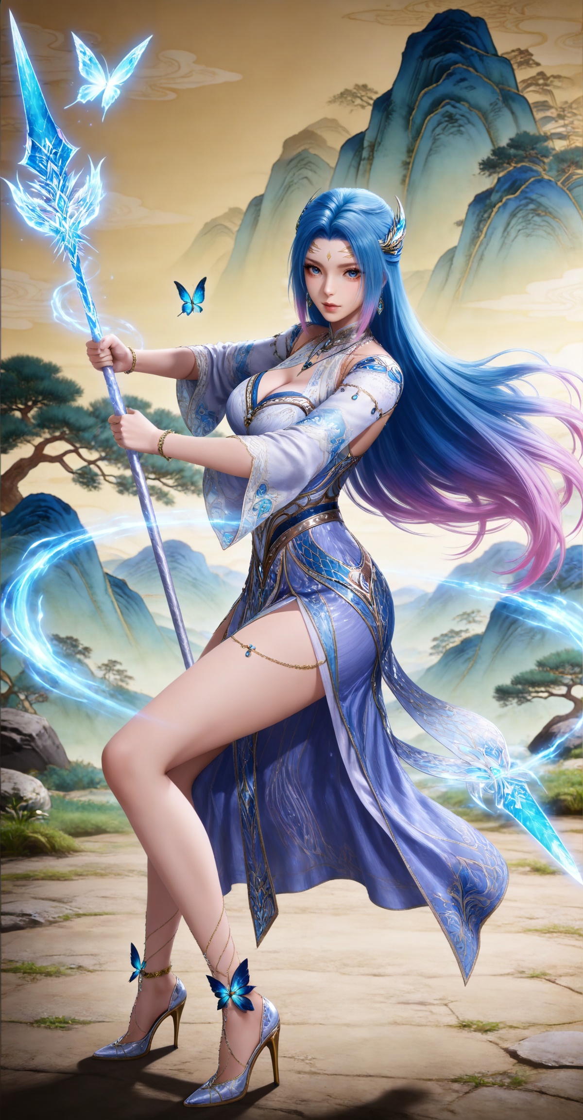 
4K,masterpiece,best quality,very aesthetic,masterpiece,high quality,tall,game cg,highres,(soft light:1.2),(white_skin:0.6),(shiny_skin:0.6),(realistic:1.1),(looking_at_viewer:1.1),
blue hair, long hair, blue eyes, multicolored hair, gradient hair, pink hair, large breasts, forehead mark, tangwutong blue and white dress, cleavage cutout, detached sleeves, necklace, hair_ornament, anklet, bracelet, high_heels, holding polearm, 1girl, high heels, full body, solo, bug, butterfly, jewelry, mountain, fighting stance, bare legs