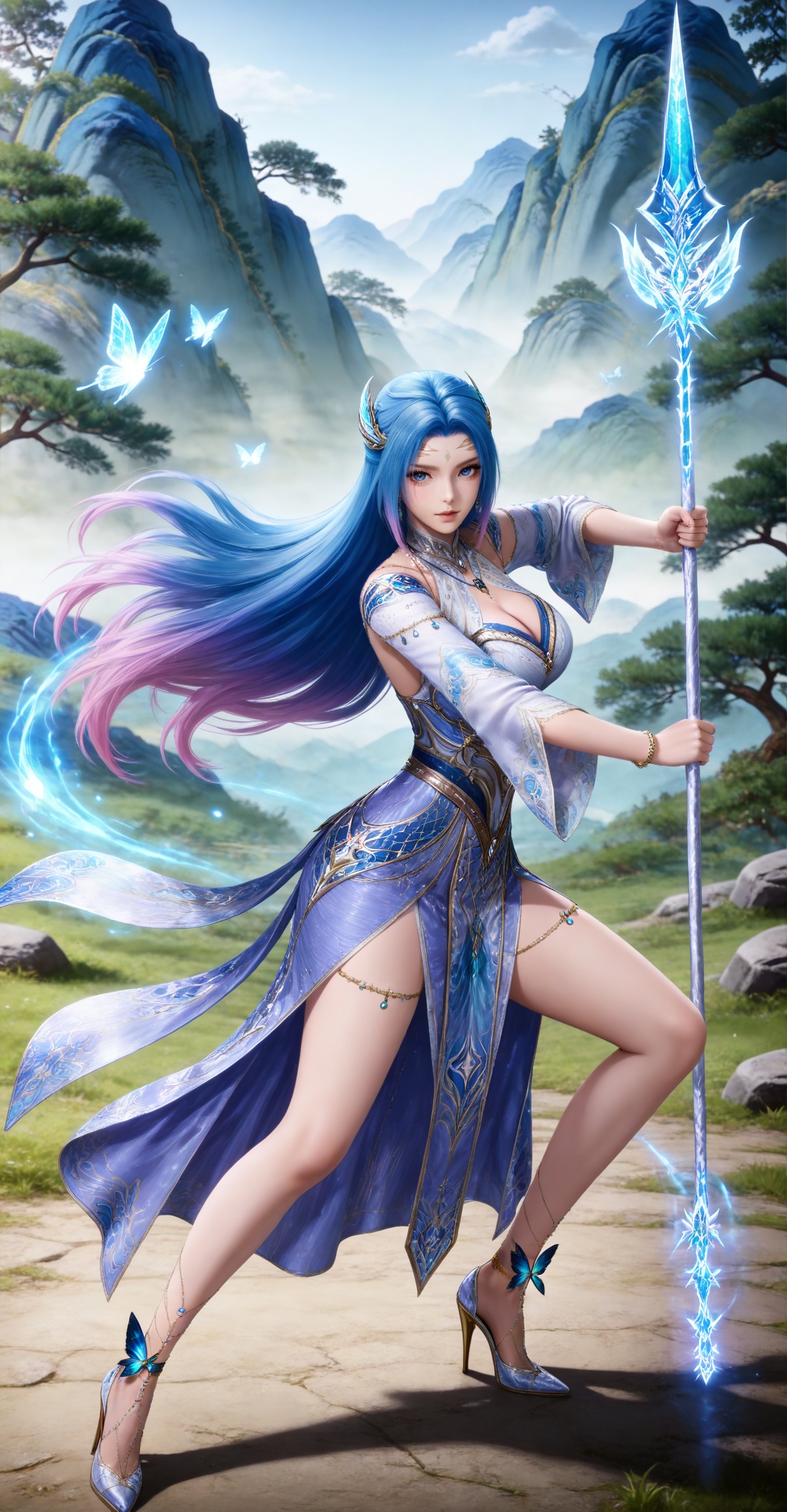 
4K,masterpiece,best quality,very aesthetic,masterpiece,high quality,tall,game cg,highres,(soft light:1.2),(white_skin:0.6),(shiny_skin:0.6),(realistic:1.1),(looking_at_viewer:1.1),
blue hair, long hair, blue eyes, multicolored hair, gradient hair, pink hair, large breasts, forehead mark, tangwutong blue and white dress, cleavage cutout, detached sleeves, necklace, hair_ornament, anklet, bracelet, high_heels, holding polearm, 1girl, high heels, full body, solo, bug, butterfly, jewelry, mountain, fighting stance, bare legs