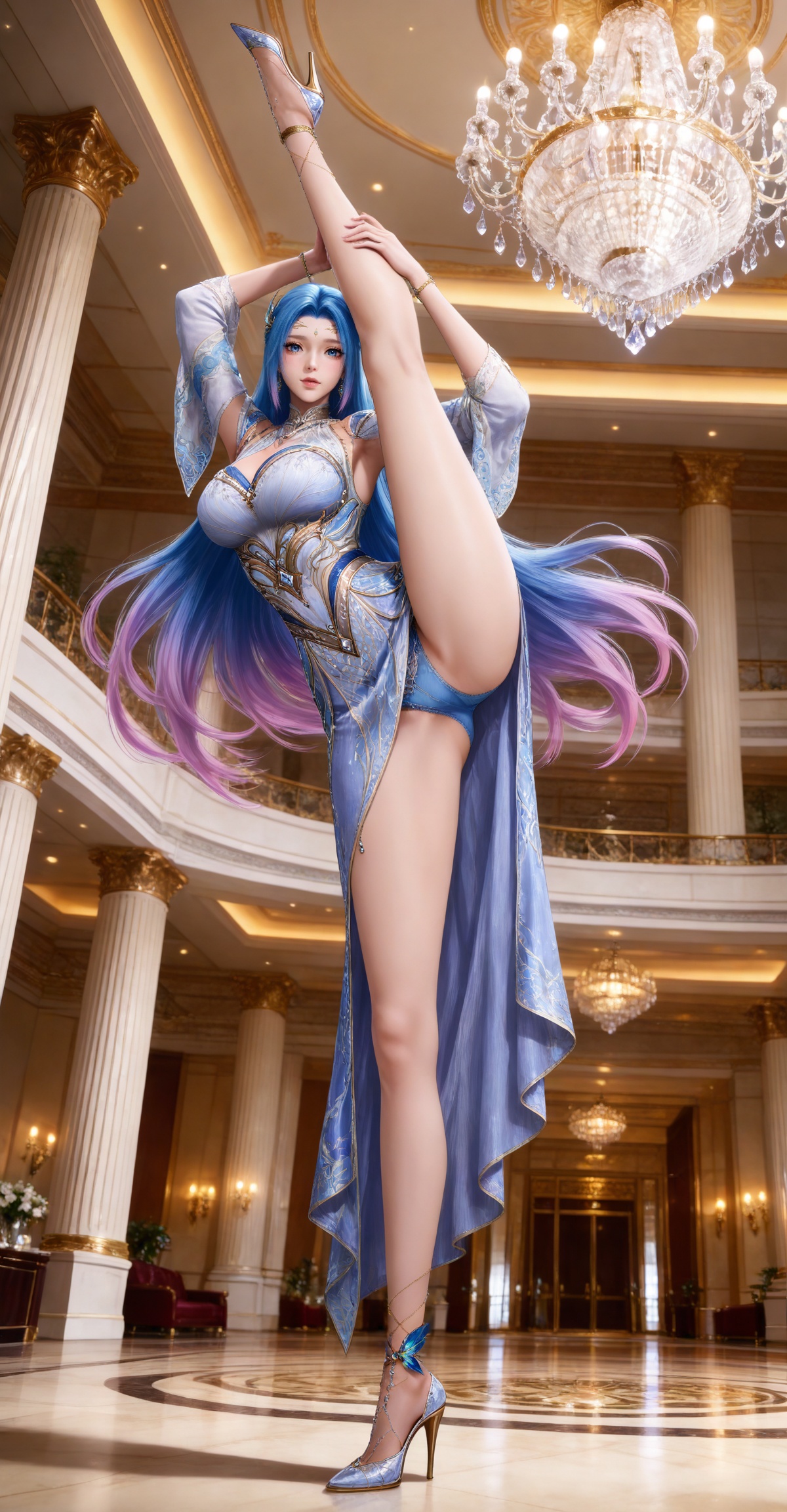 
4K,masterpiece,best quality,very aesthetic,masterpiece,high quality,tall,game cg,highres,(soft light:1.2),(white_skin:0.6),(shiny_skin:0.6),(realistic:1.1),(looking_at_viewer:1.1),
blue hair, long hair, blue eyes, multicolored hair, gradient hair, pink hair, large breasts, forehead mark, tangwutong blue and white dress, cleavage cutout, detached sleeves, necklace, hair_ornament, anklet, bracelet, high_heels, 1girl, standing on one leg, standing, solo, standing split, split, indoors, full body, leg up, looking at viewer, panties, legs, blue panties, chandelier, bare legs, kneepits